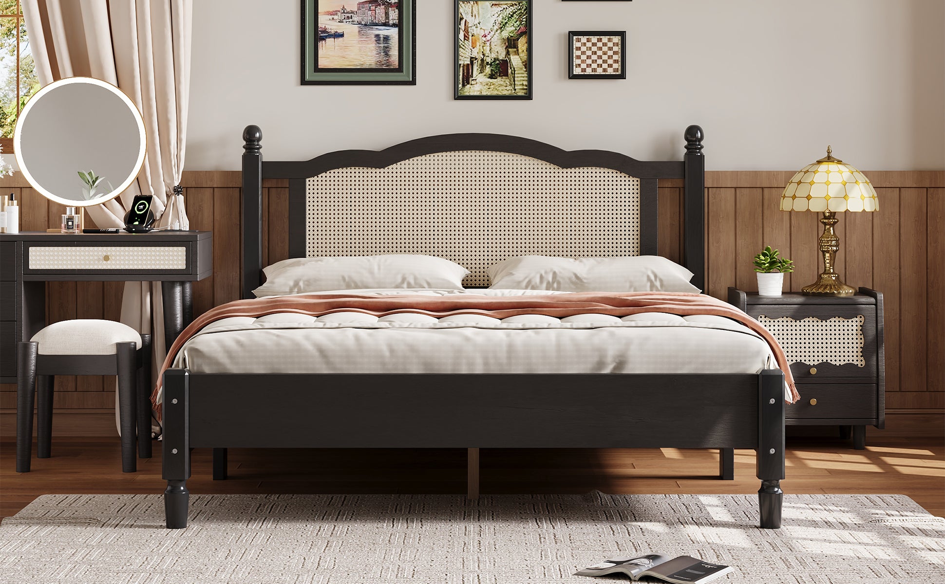 Queen Size Wooden Platform Bed With Natural Rattan Headboard, Vintage Bed Frame With Wooden Slat Support, Black Expected Arrival Time: 08.23 Box Spring Not Required Queen Black Wood