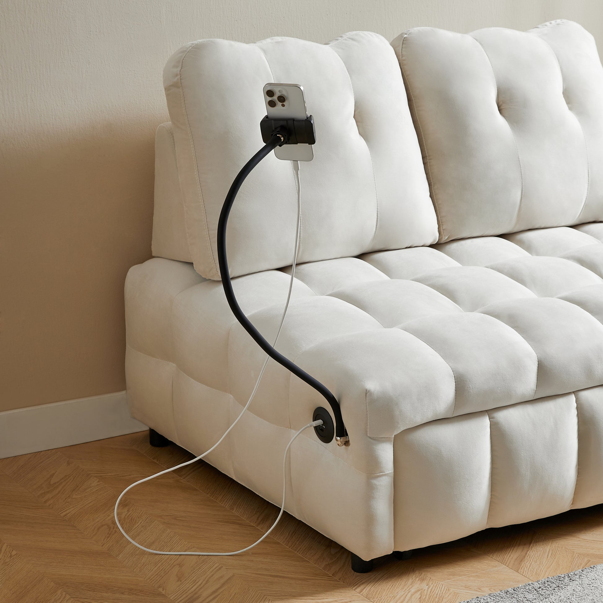 Modern Sofa Velvet Pull Out Bed,Independently Removable Backrest, Have Usb Port And Swivel Phone Stand ,Beige Beige Wood Velvet 2 Seat