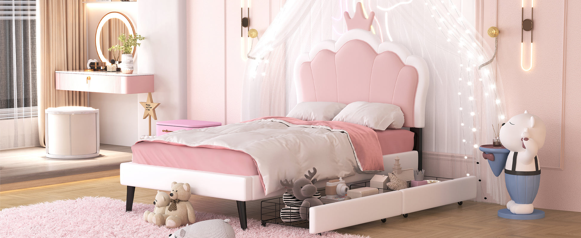 Twin Size Upholstered Princess Bed With Crown Headboard And 2 Drawers,Twin Size Platform Bed With Headboard And Footboard, Pink White Twin White Pu