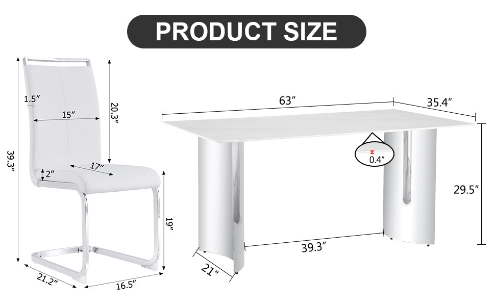 Modern Minimalist Dining Table. Imitation Marble Glass Sticker Desktop, Stainless Steel Legs, Stable And Beautiful. 6 Premium Pu Seats. 63 Inches * 35.4 Inches * 29.5 Inches Dt 69 C 1162 Silver Glass