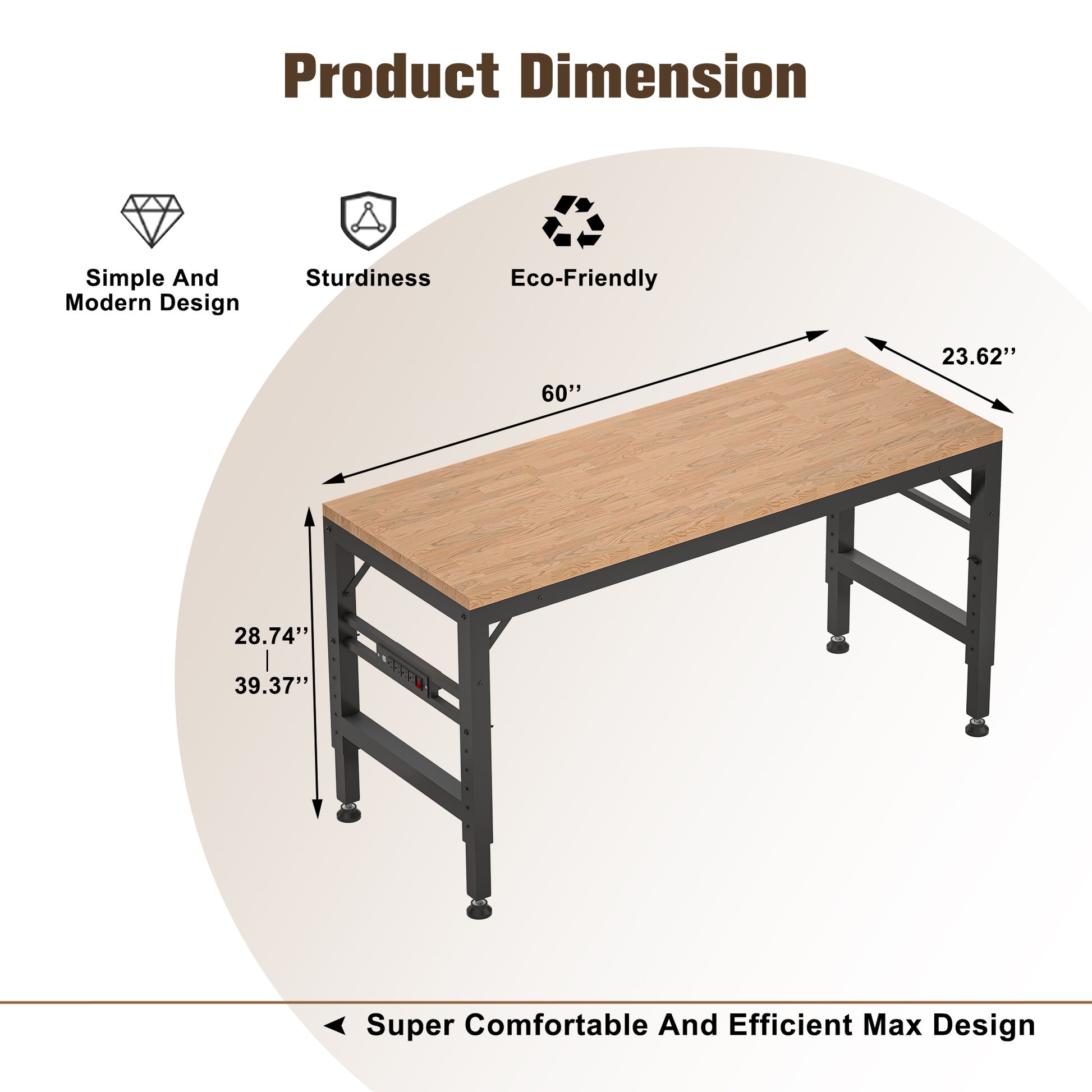Adjustable Height Workbench, 60" Rubber Wood Top Heavy Duty Workstation With Power Outlets, 2000 Lbs Load Capacity Hardwood Worktable For Workshop, Garage, Office, Home, Commercial Black Metal & Wood