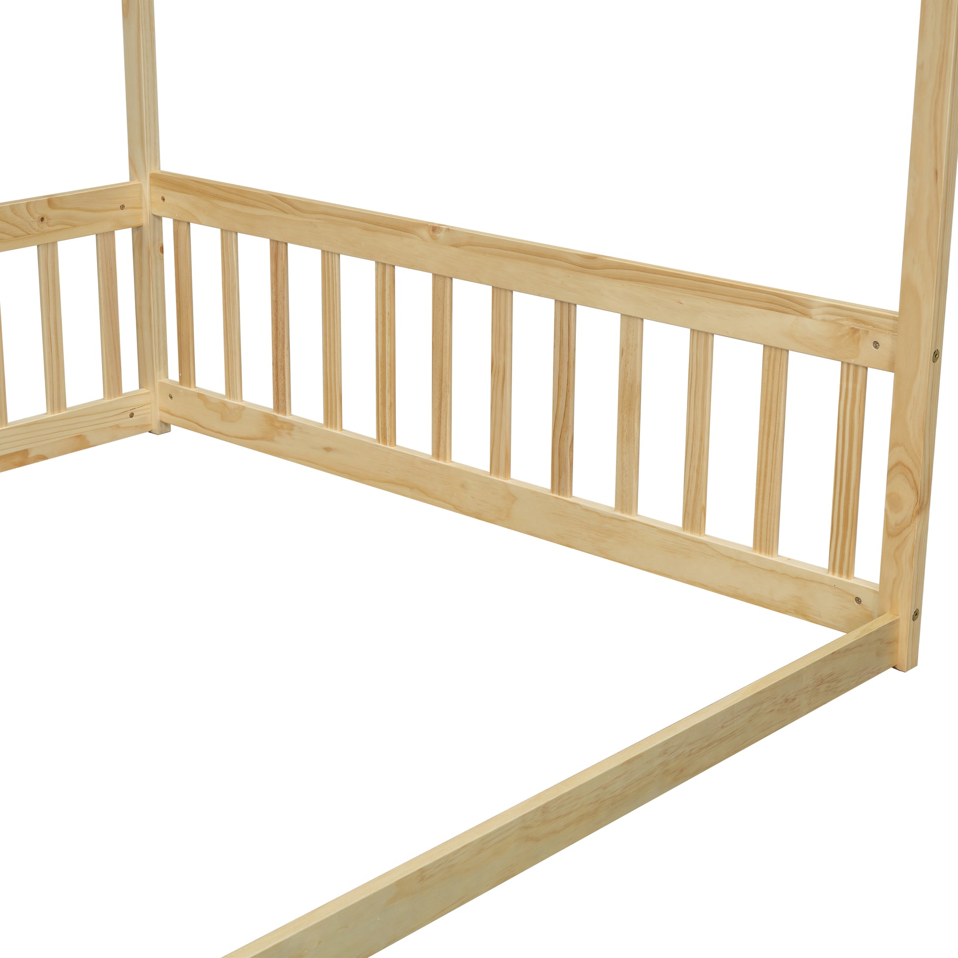 Full Size Canopy Frame Floor Bed With Fence, Guardrails,Natural Full Natural American Design Pine