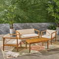 Outdoor 4 Seater Acacia Wood Chat Set With Coffee Table With Cushions, Teak And Beige Beige Acacia Wood