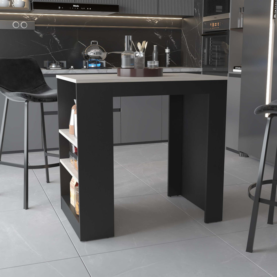 Highlands Kitchen Island With Storage Base In Black And Ibiza Marble White Engineered Wood