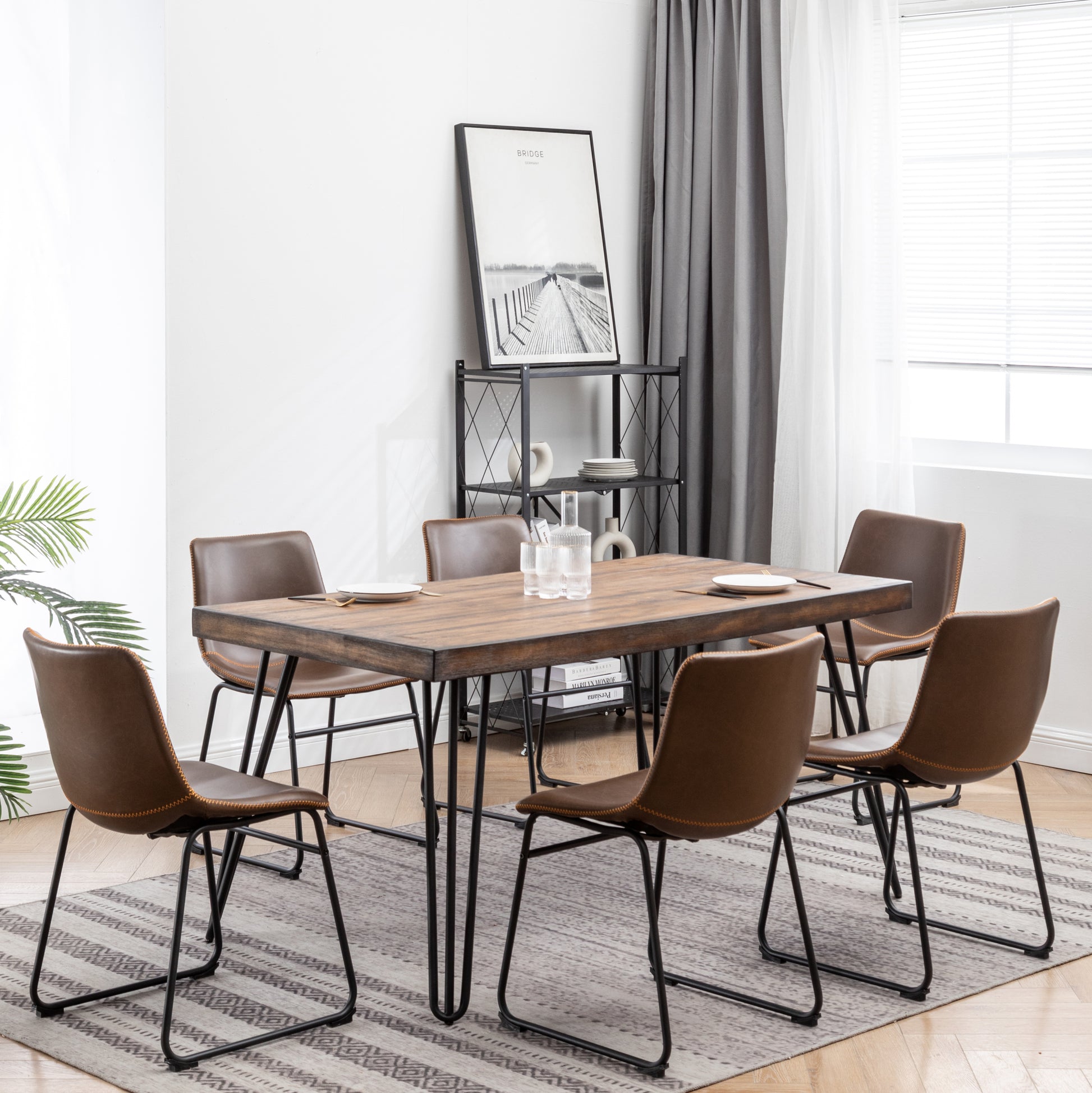 Aryven Industrial 7 Piece Dining Set, Antique Brown Brown Metal Dining Room Fixed Table Rubberwood Rectangular Dining Table With Chair Metal Wood Brown Seats 6 Rectangular 4 Leg Mdf Metal