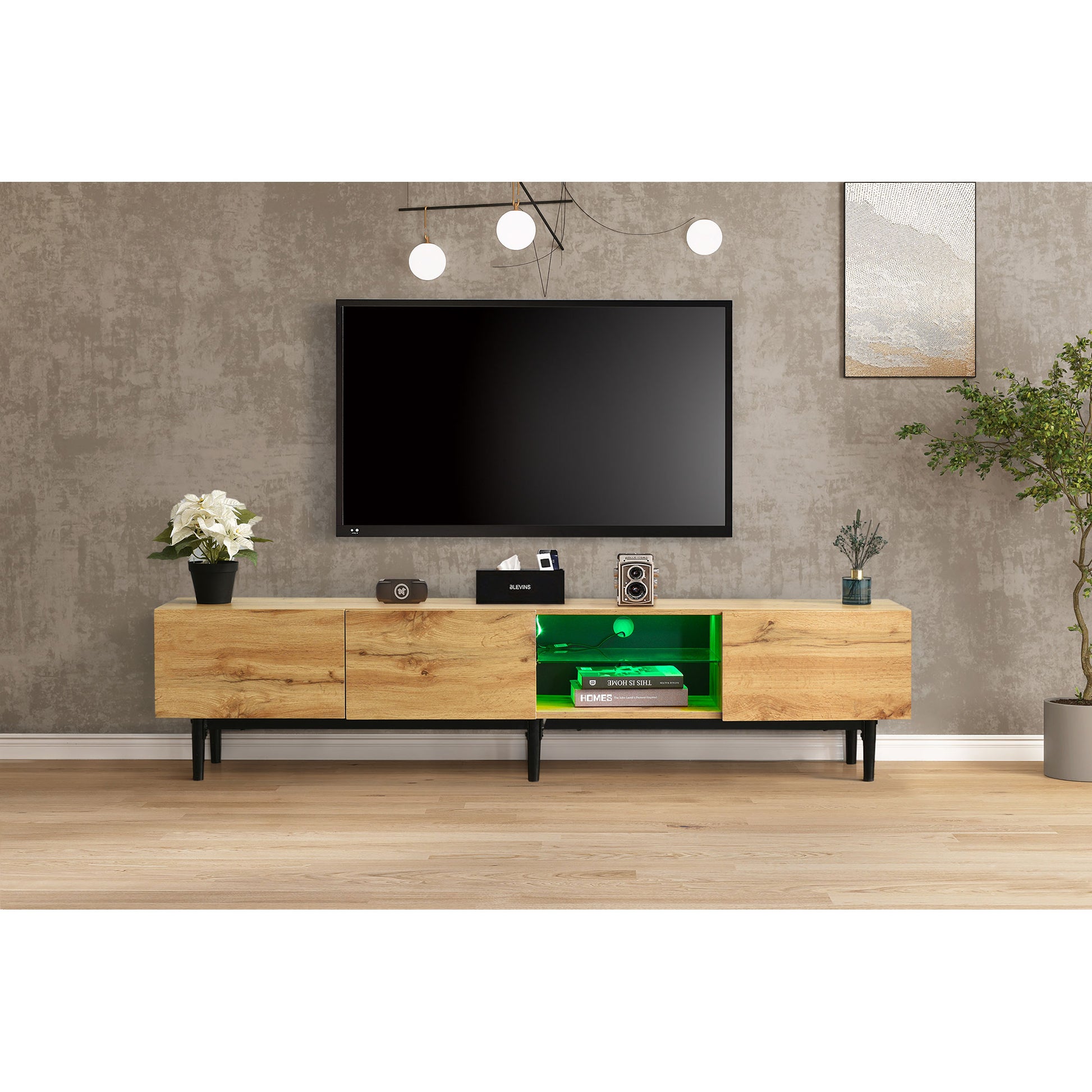 Modern Tv Stand With 4 Cabinets& Open Shelves, Color Matching Media Console Table For Tvs Up To 80'' With Led Light, Entertainment Center With Drop Down Door For Living Room, Bedroom, Home Theatre Wood Brown Primary Living Space 70 79 Inches 70 79 Inches