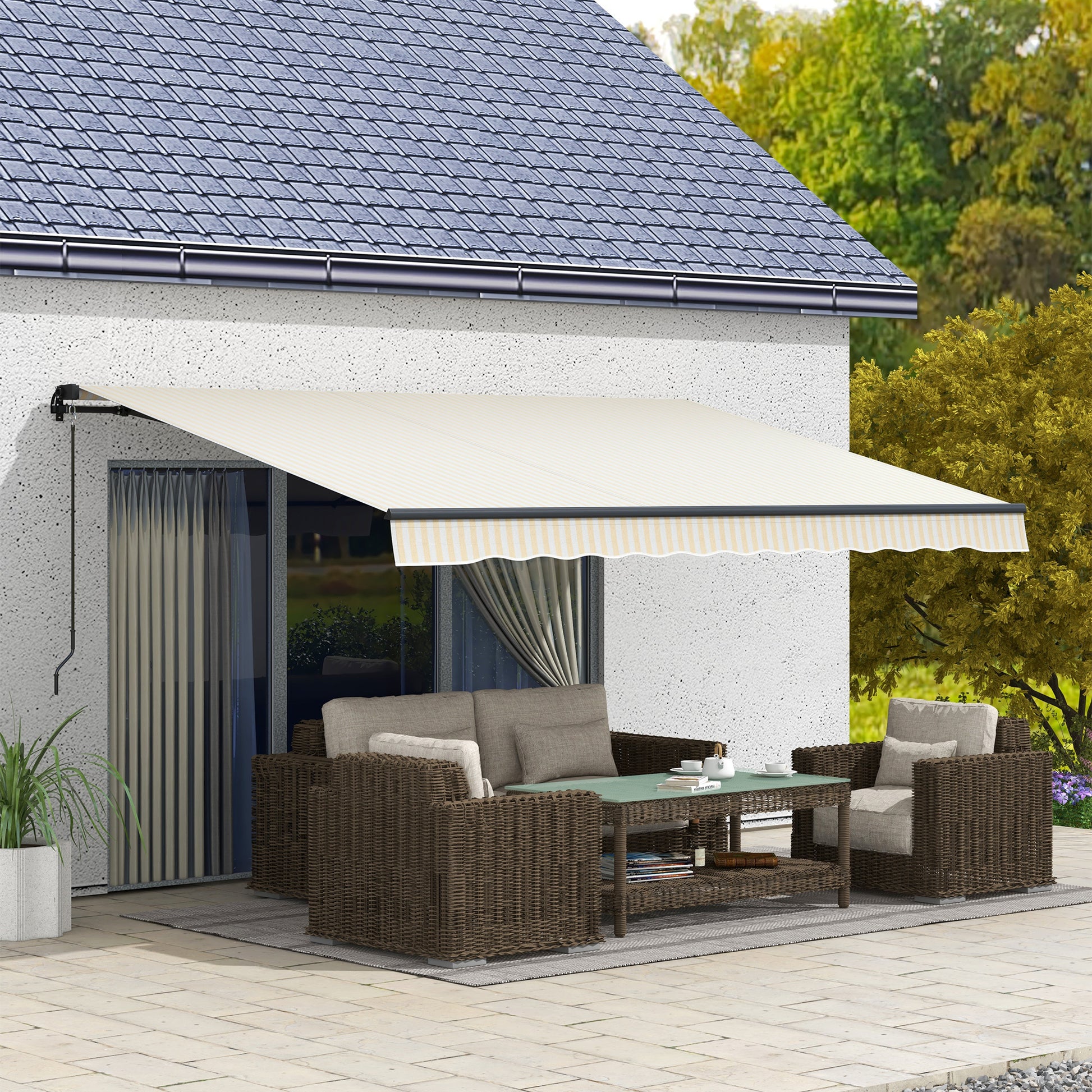 Outsunny 13' X 10' Retractable Awning, Patio Awning Sunshade Shelter With Manual Crank Handle, 280Gsm Uv Resistant Fabric And Aluminum Frame For Deck, Balcony, Yard, Beige And White Beige Polyester