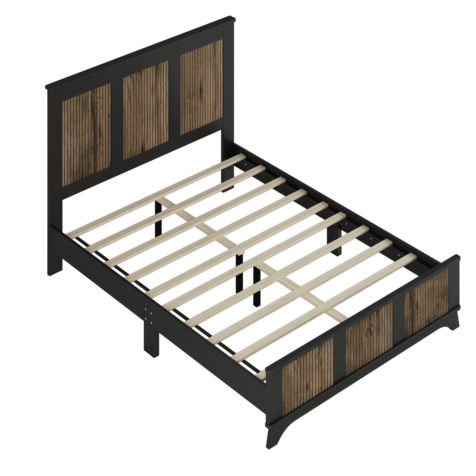 4 Pieces Bedroom Sets, Queen Size Farmhouse Platform Bed With Wooden Strip Decoration, Storage Nightstand And Dresser With Metal Handle, Black Queen Black 4 Piece Set Particle Board