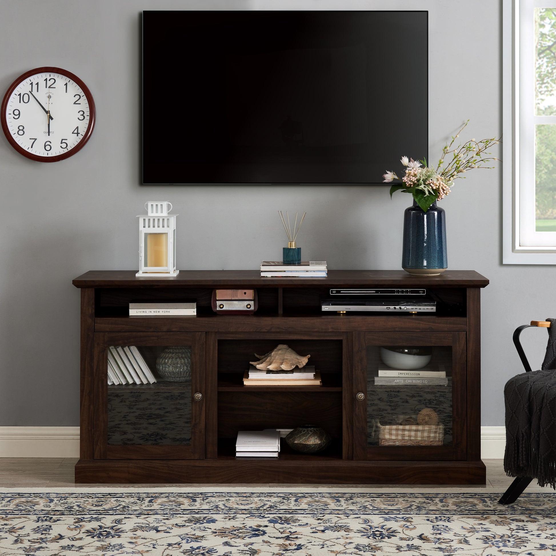 Modern Tv Stand Media Stand Modern Entertainment Console For Tv Up To 65" With Glass Door Open And Closed Storage Space, Brown, 60"W*15.75"D*29"H Brown 60 69 Inches Mdf