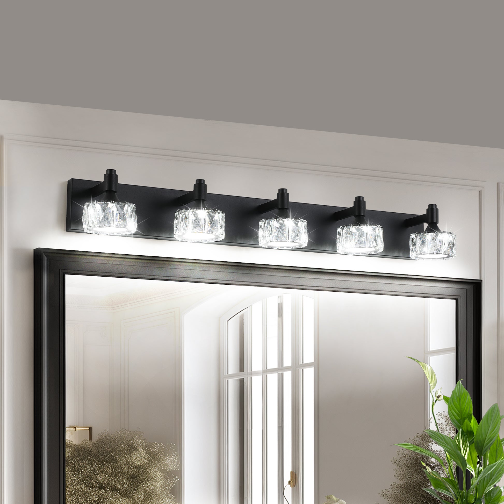 Modern 5 Light Matte Black Led Vanity Light Fixture With Crystal Glass Shades, Bathroom Wall Sconce For Elegant And Contemporary Home Decor Black Crystal,Iron,Pc