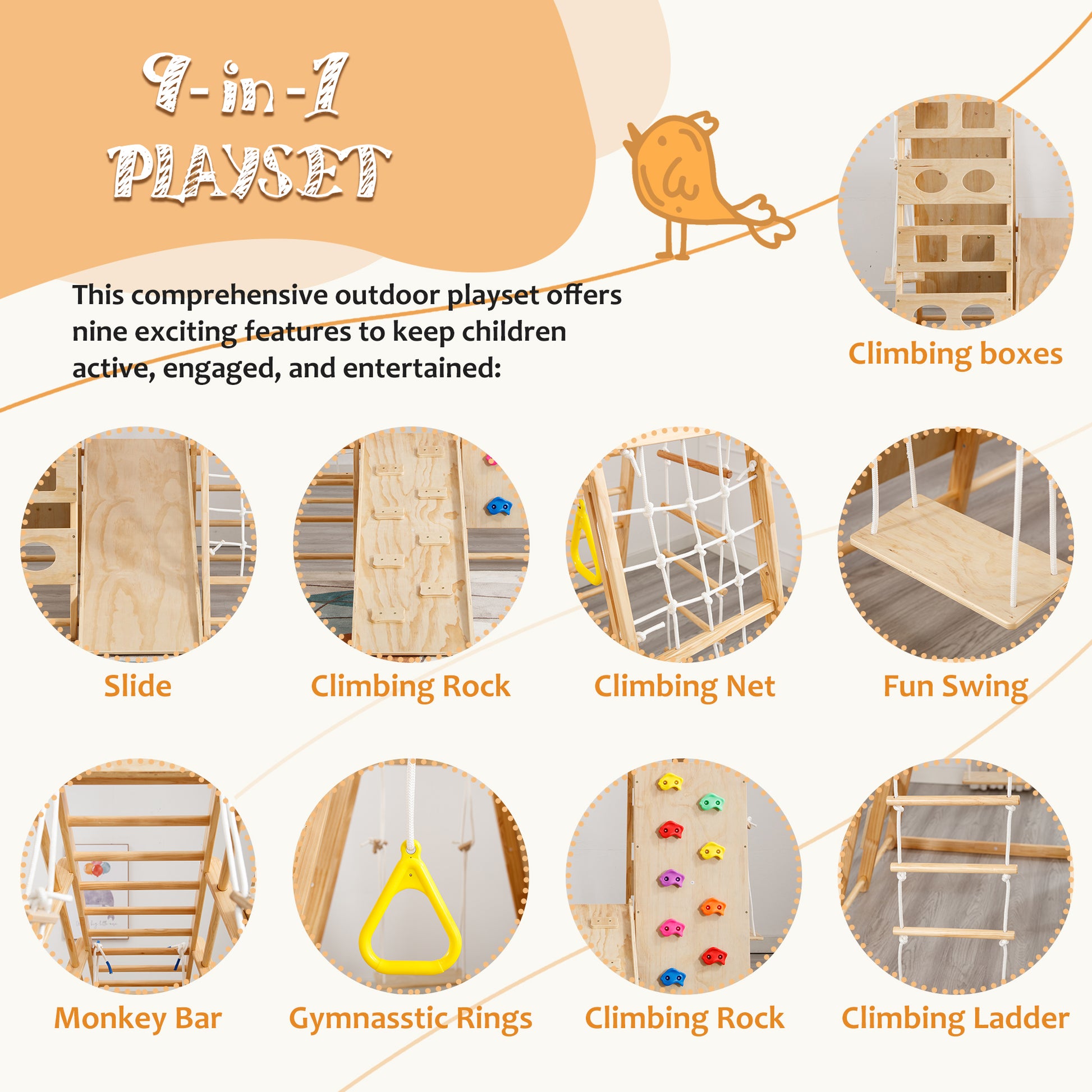 Toddler Indoor Wooden Gym 8 In 1 Indoor Playground Climbing Toy Set With Slide Swing Climbing Net Rings, Kids Indoor Playground Climbing Toys Natural Wood Wood Plastic