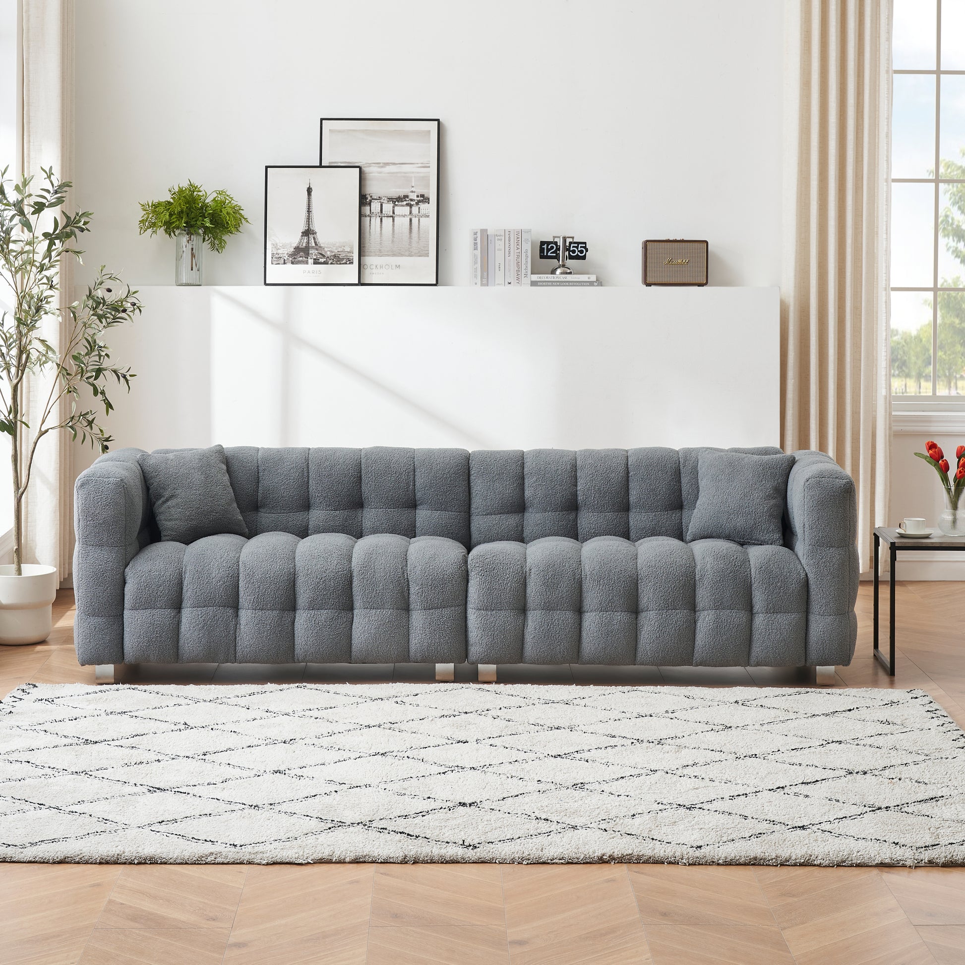 102 Inch Gray Teddy Velvet Sofa With Two Throw Pillows In Living Room Bedroom Apartment Sofa Supported By Hardware Feet Gray Polyester Blend 4 Seat