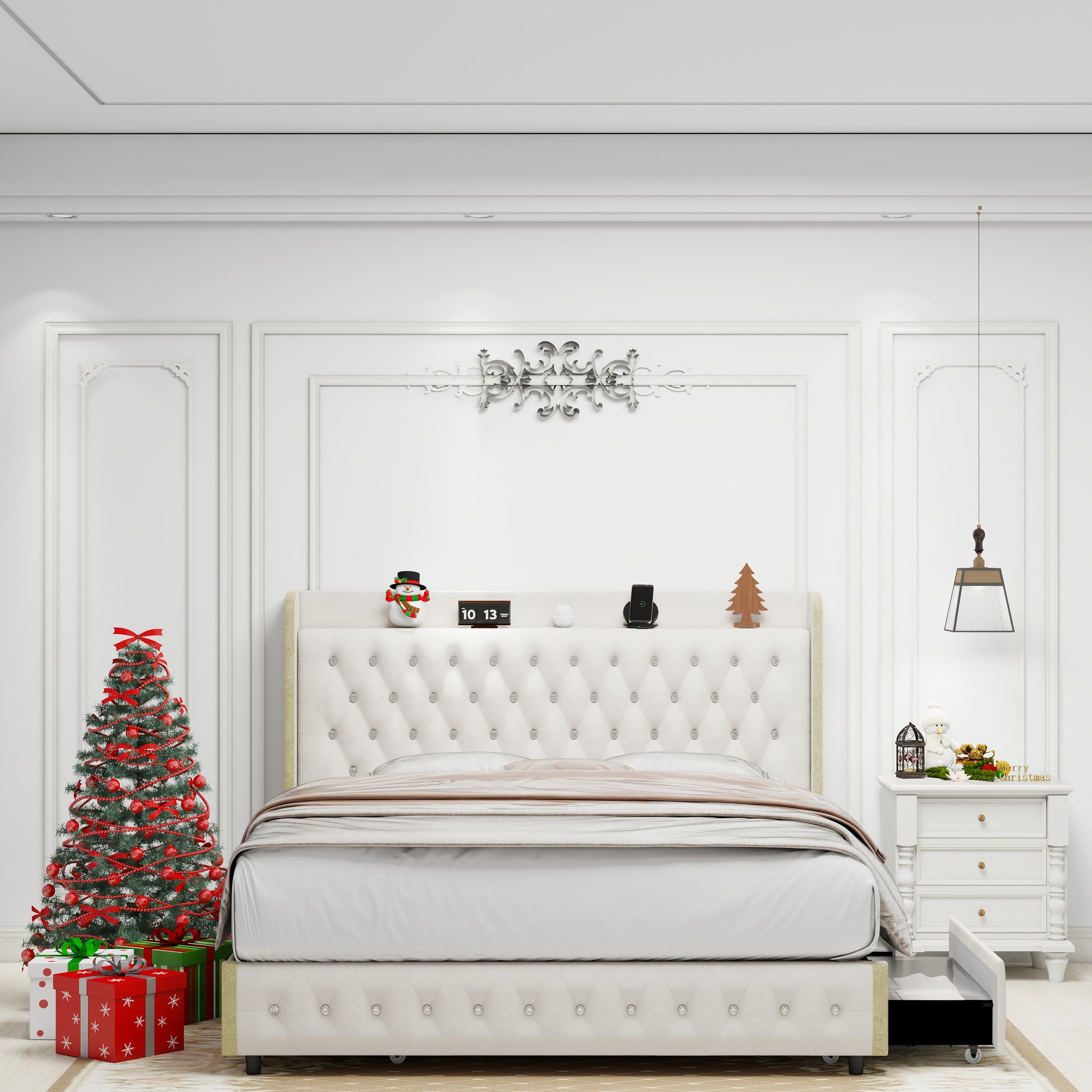 Queen Size Bed Frame With 4 Drawers, Star Projector Galaxy Light, Wingback Upholstered Headboard With Diamond Button, Usb Charger And Music Speaker, Pu Leather Cream Mdf Metal