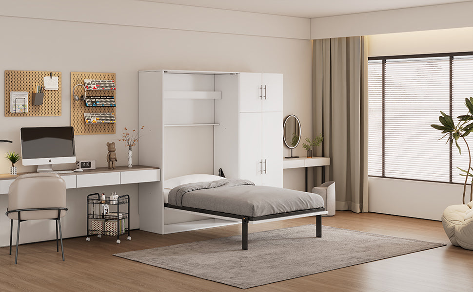 Twin Size Murphy Bed With Lockers And Wardrobes, White Box Spring Not Required Twin White Murphy Solid Wood Mdf