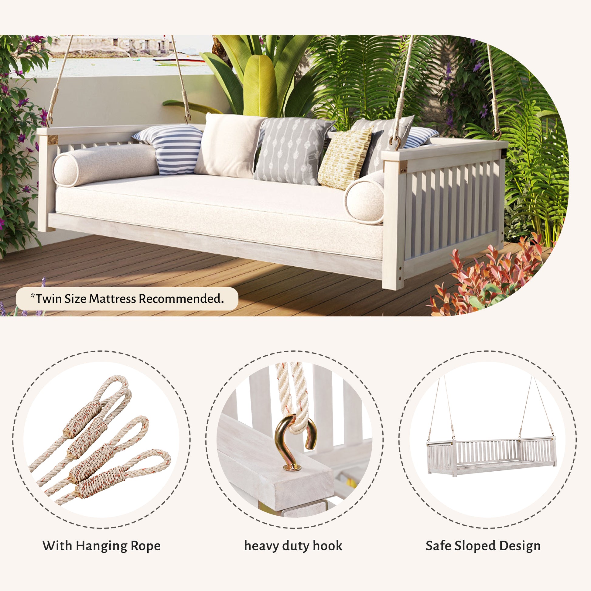 Patio Minimalist Twin Size Garden Swing Bed Wood Porch Swing With Ropes For Backyard, Safe Sloped Design, White White Weather Resistant Frame Garden & Outdoor Minimalist 2 Person Seating Group