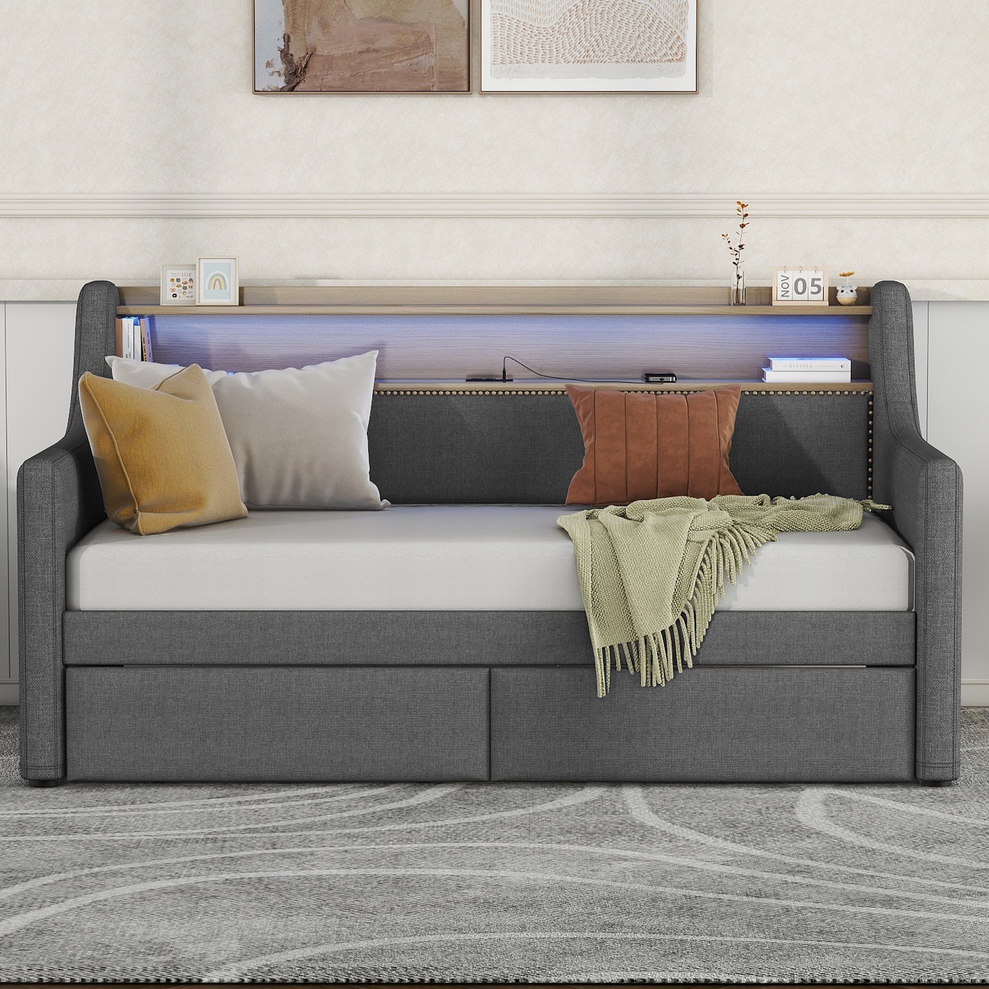 Twin Size Daybed With Storage Drawers, Upholstered Daybed With Charging Station And Led Lights, Gray Old Item W1580S00023 Twin Gray Linen