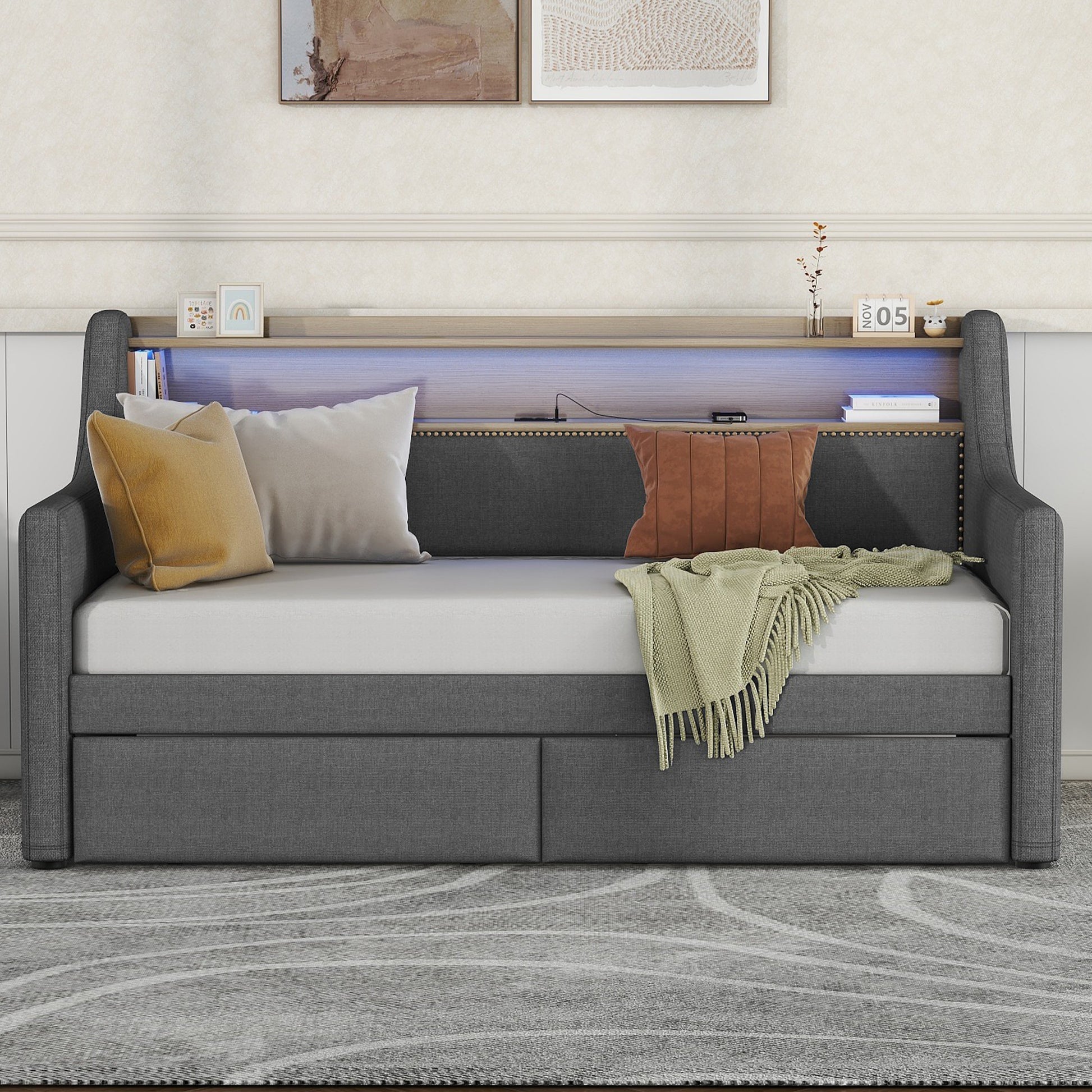 Twin Size Daybed With Storage Drawers, Upholstered Daybed With Charging Station And Led Lights, Gray Old Item W1580S00034 Twin Gray Linen