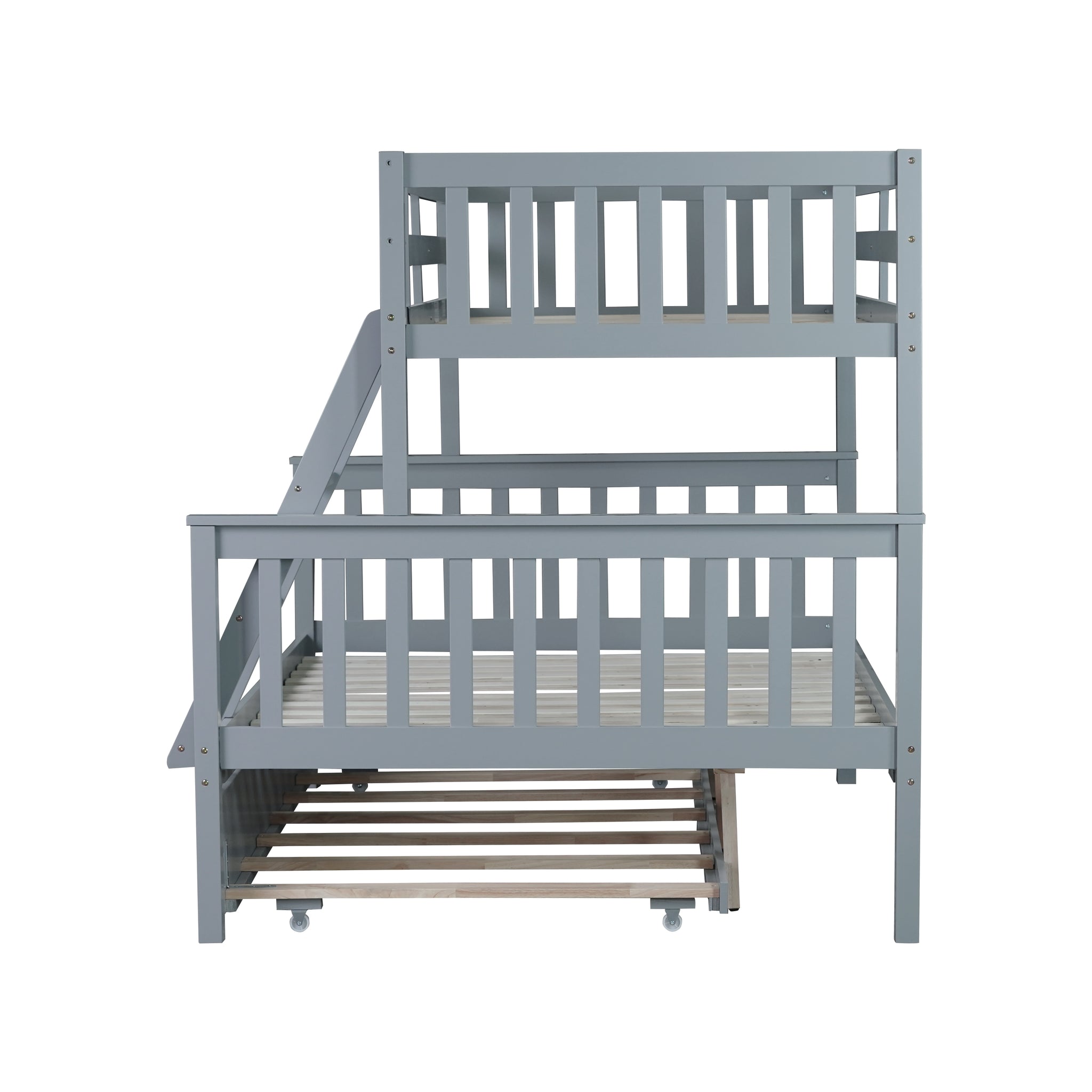 Twin Over Full Rubber Wood Bunk Bed With Trundle, Convertible Ladder And Guardrail, Detachable, Convertible Bed, With Twin Size Trundle ,Grey Twin Grey Rubber Wood