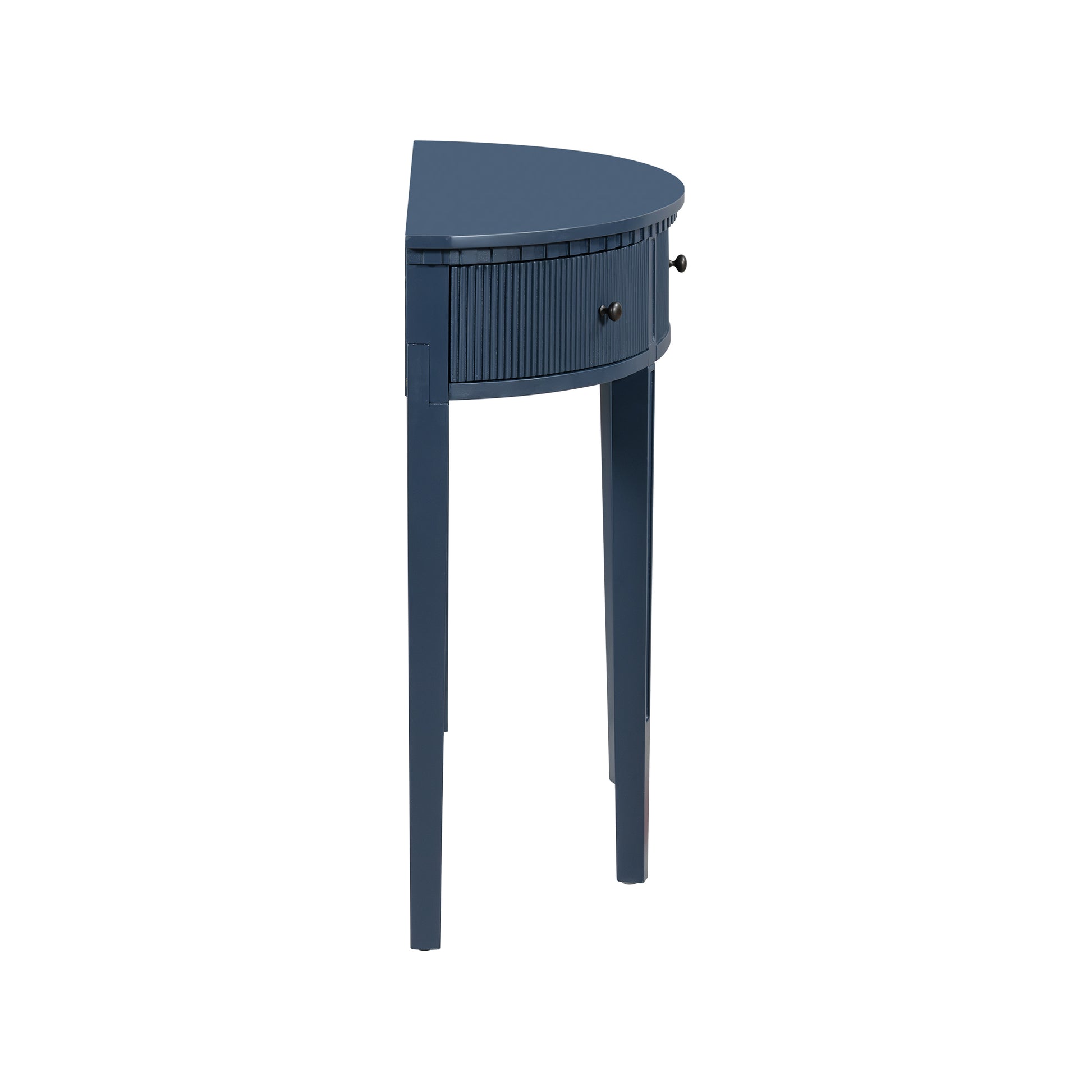 Distinctive Features Of Pine Veneer Console Table With Vertical Stripe Drawer Fronts And Four Legs Navy Blue Primary Living Space Minimalist Mdf