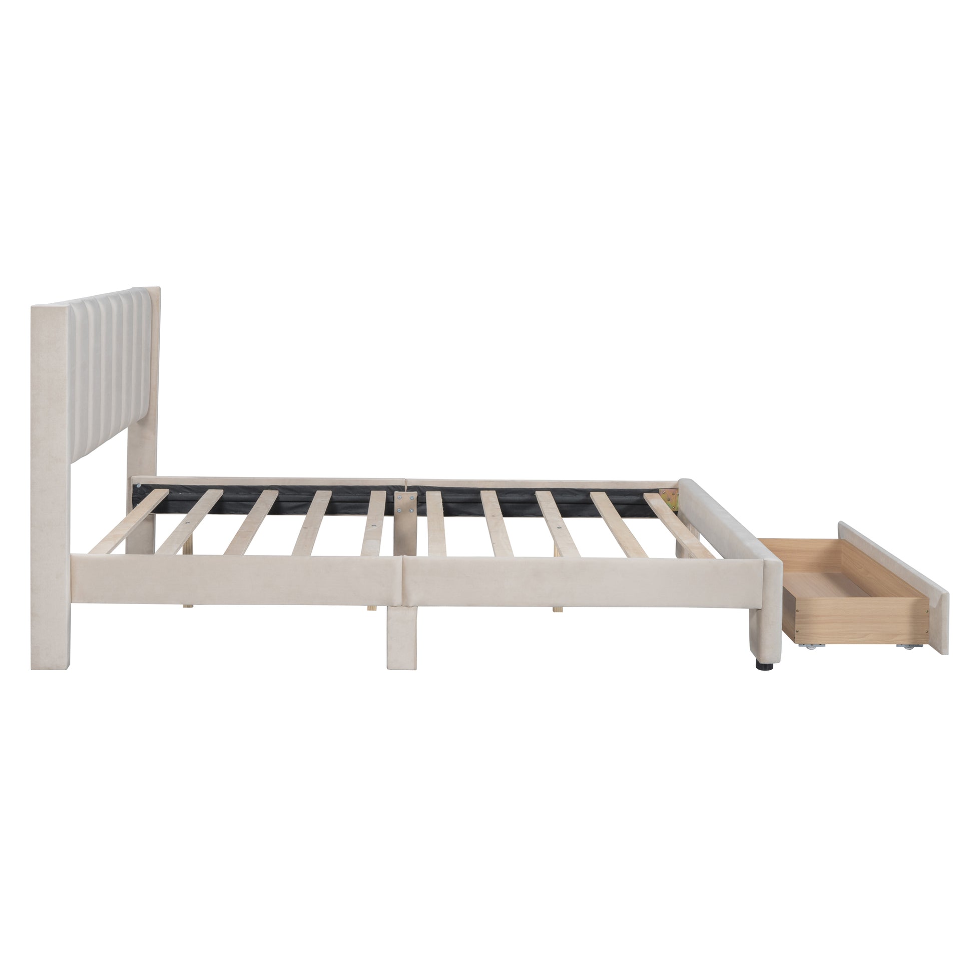 Full Size Storage Bed Velvet Upholstered Platform Bed With A Big Drawer Beige Old Sku:Wf296850Aaa Full Beige Velvet