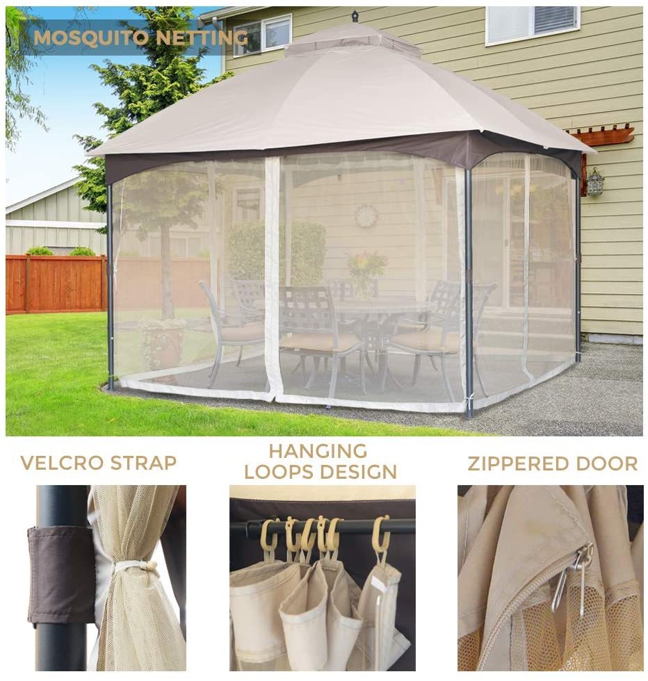 10*12 Ft Softtop Metal Gazebo With Mosquito Net&Sunshade Curtains,Sturdy Heavy Duty Double Roof Canopy,Galvanized Steel Design Outdoor Tent,Suitable For Gardens,Patio,Backyard Beige Light Natural Rectangular No Foundation Needed None Garden & Outdoor