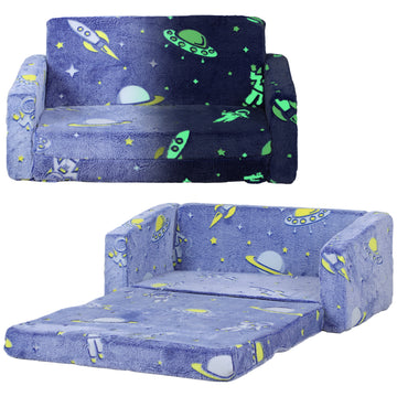 Qaba 2 In 1 Kids Sofa Chair, Toddler Couch With Glow In The Dark Cosmic Patten, Washable Cover, Fold Out Convertible Sofa To Lounger For Playroom Bedroom, Blue Blue Foam