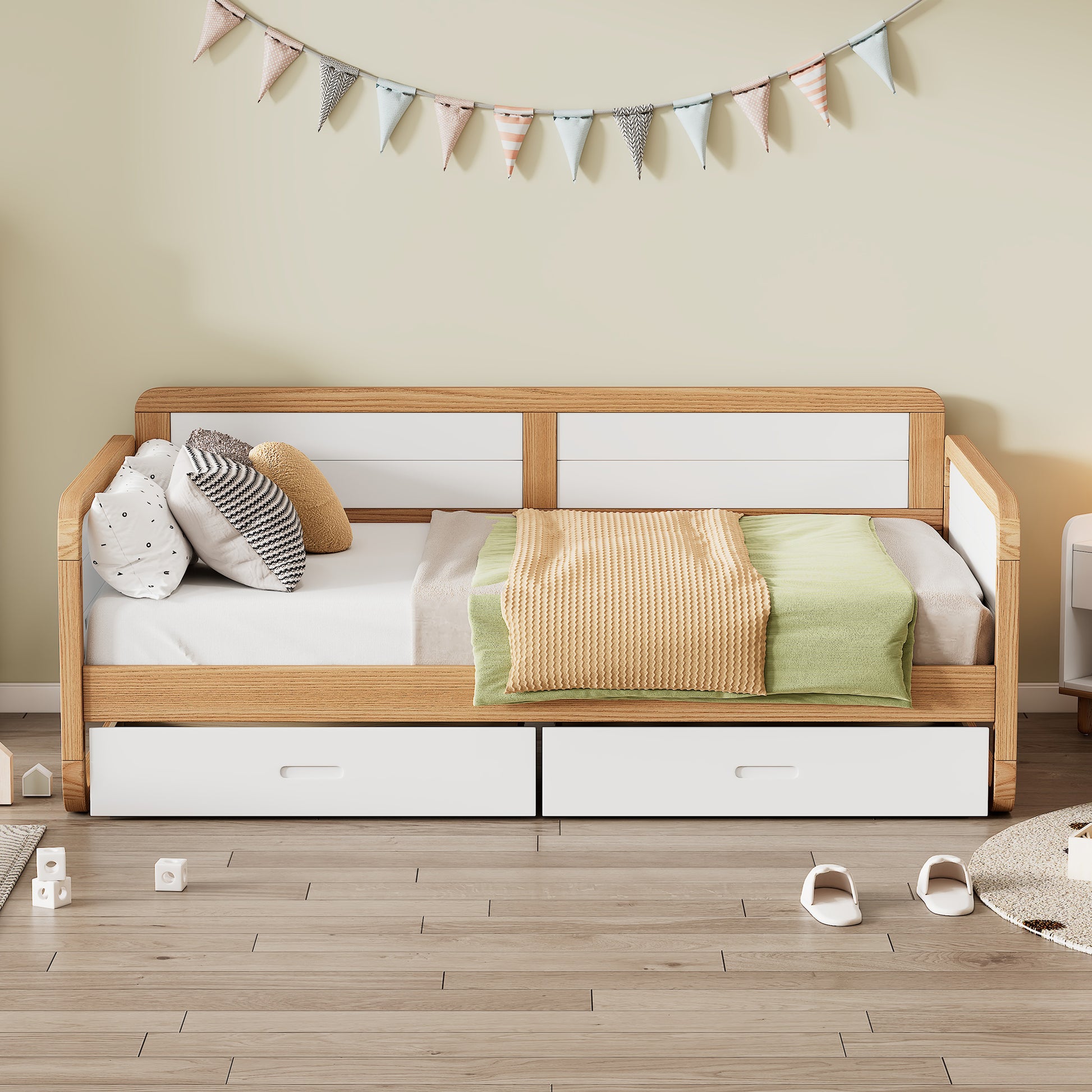 Twin Size Solid Wood Daybed With 2 Storage Drawers For Limited Space Kids, Teens, Adults, No Need Box Spring, Walnut And White Box Spring Not Required Twin White Walnut Wood Bedroom Modern Pine Daybeds Wood
