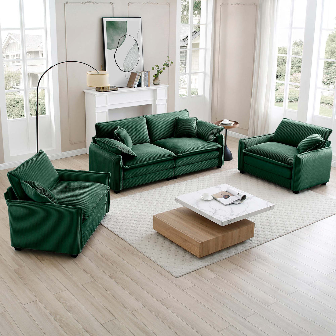 Luxurious And Sophisticated Sofa Set With Soft Cushions And Pillows, Sofa Set For Living Rooms And Clubs As Well As Home Theaters, Consisting Of Two Single Sofas And A 2 Seaters Sofas Ingreen Corduro Green Corduroy 4 Seat