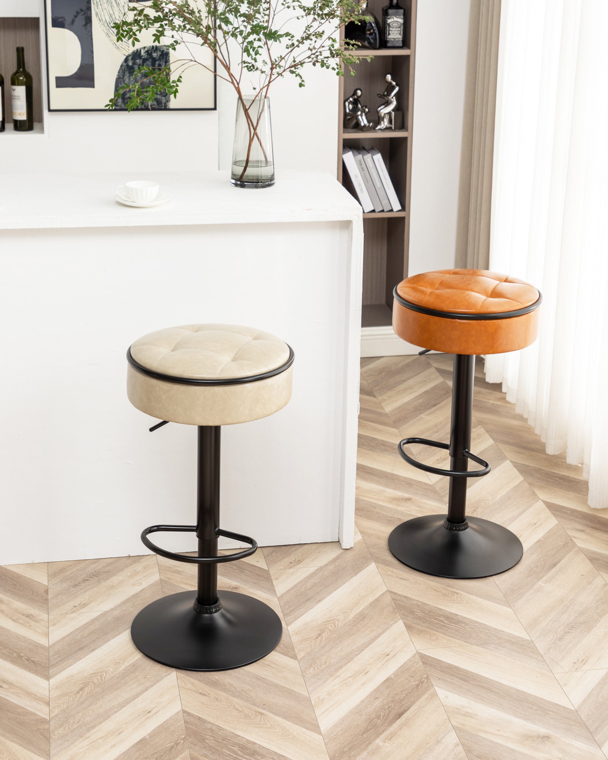 Round Storage Bar Stool Set Of 2, Brown Faux Leather Height Adjustable Barstool, 360 Counter Height Swivel Stool, Armless Bar Chair With Metal Frame For Kitchen Counter Dining Living Room Brown Set Of 2 Foam Pu Leather