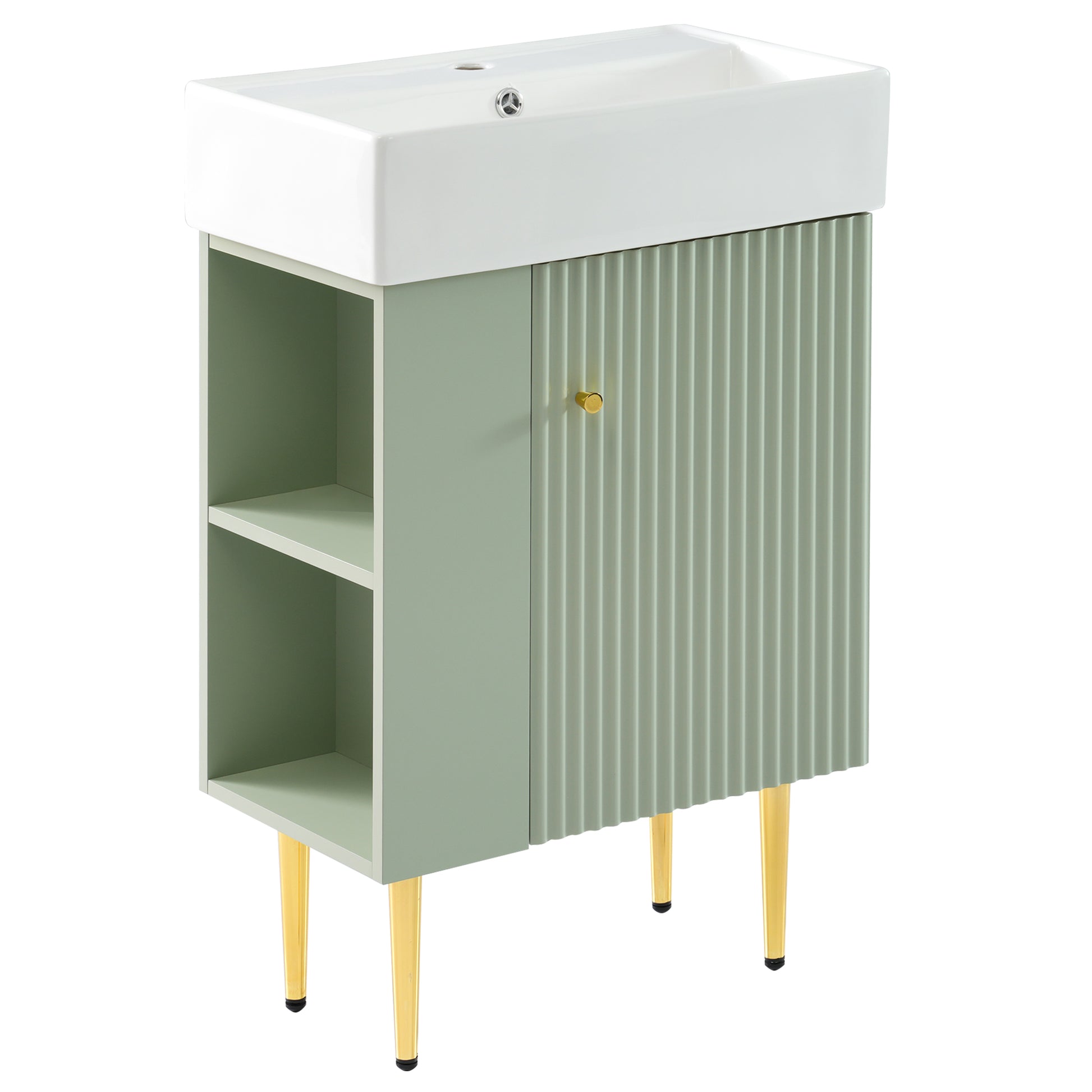 21.6" Green Bathroom Vanity, Combo Cabinet, Bathroom Storage Cabinet, Single Ceramic Sink, Left Side Storage Green Bathroom Ceramic Mdf