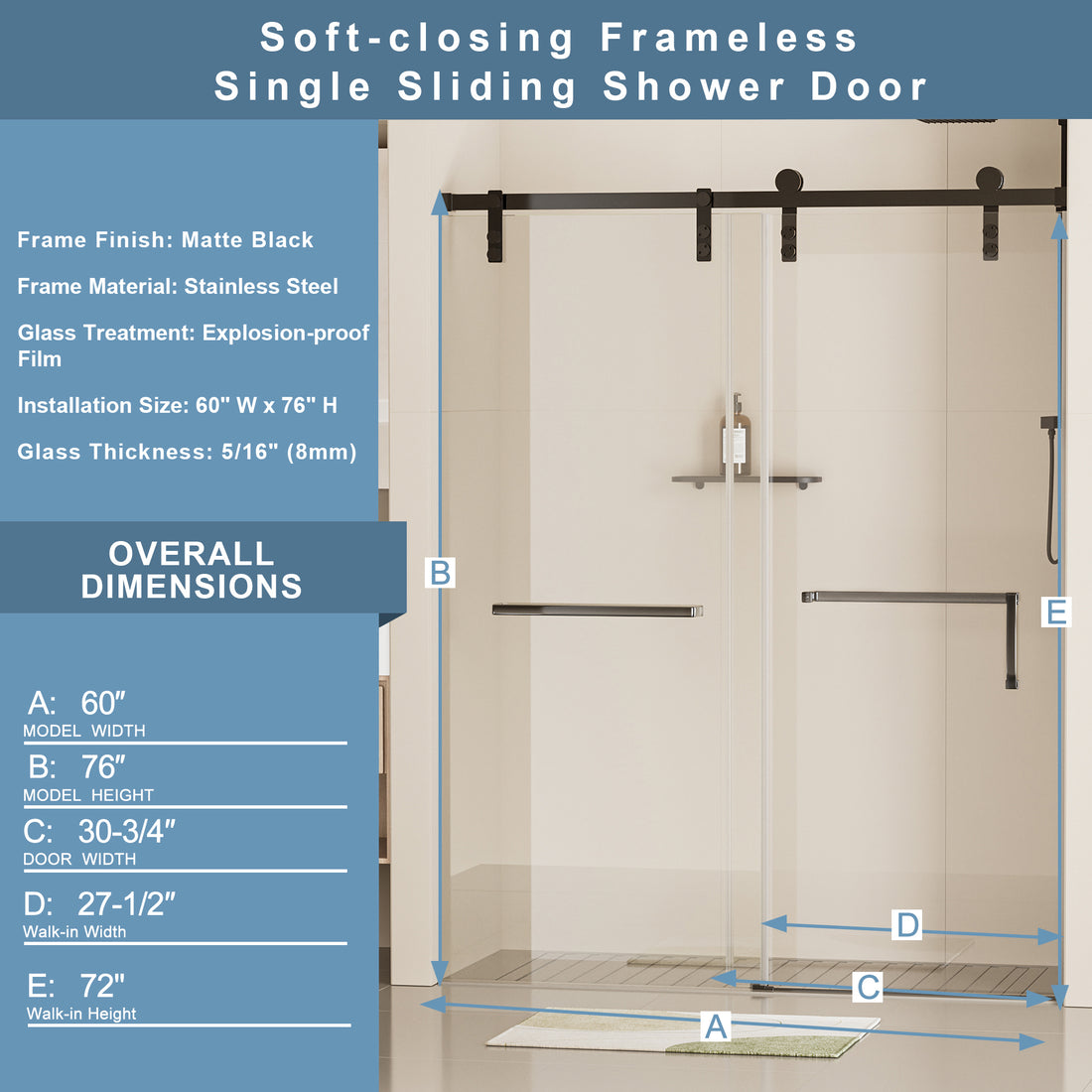 60 In. W X 76 In. H Frameless Soft Closing Shower Door, Single Sliding Shower Door, 5 16" 8Mm Clear Tempered Glass With Explosion Proof Film, Stainless Steel Hardware, Matte Black 24D211 60Mb Combo Matte Black Tempered Glass