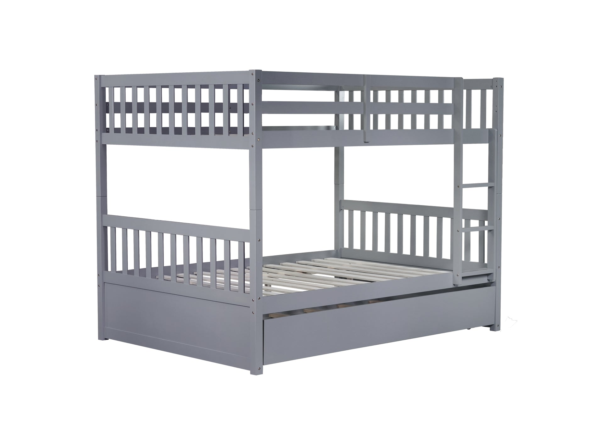 Full Over Full Rubber Wood Bunk Bed With Trundle, Ladder And Guardrails, Convertible To 2 Full Size Beds, With Twin Size Trundle ,Grey Full Grey Bedroom American Design Bed Frame Rubber Wood