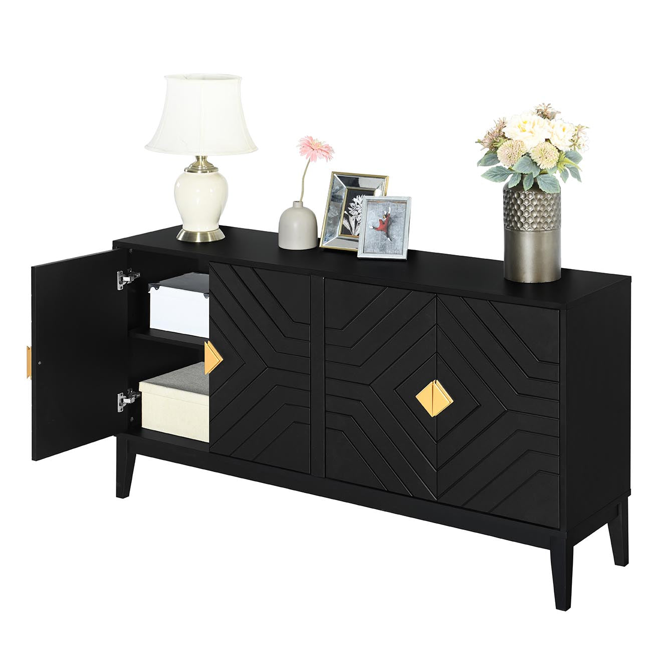 4 Door Sideboard Storage Cabinet For Living Room And Dining Room, Two Large Cabinets With Gold Handles And Adjustable Shelf, Black Black Rubberwood Solid Wood Mdf