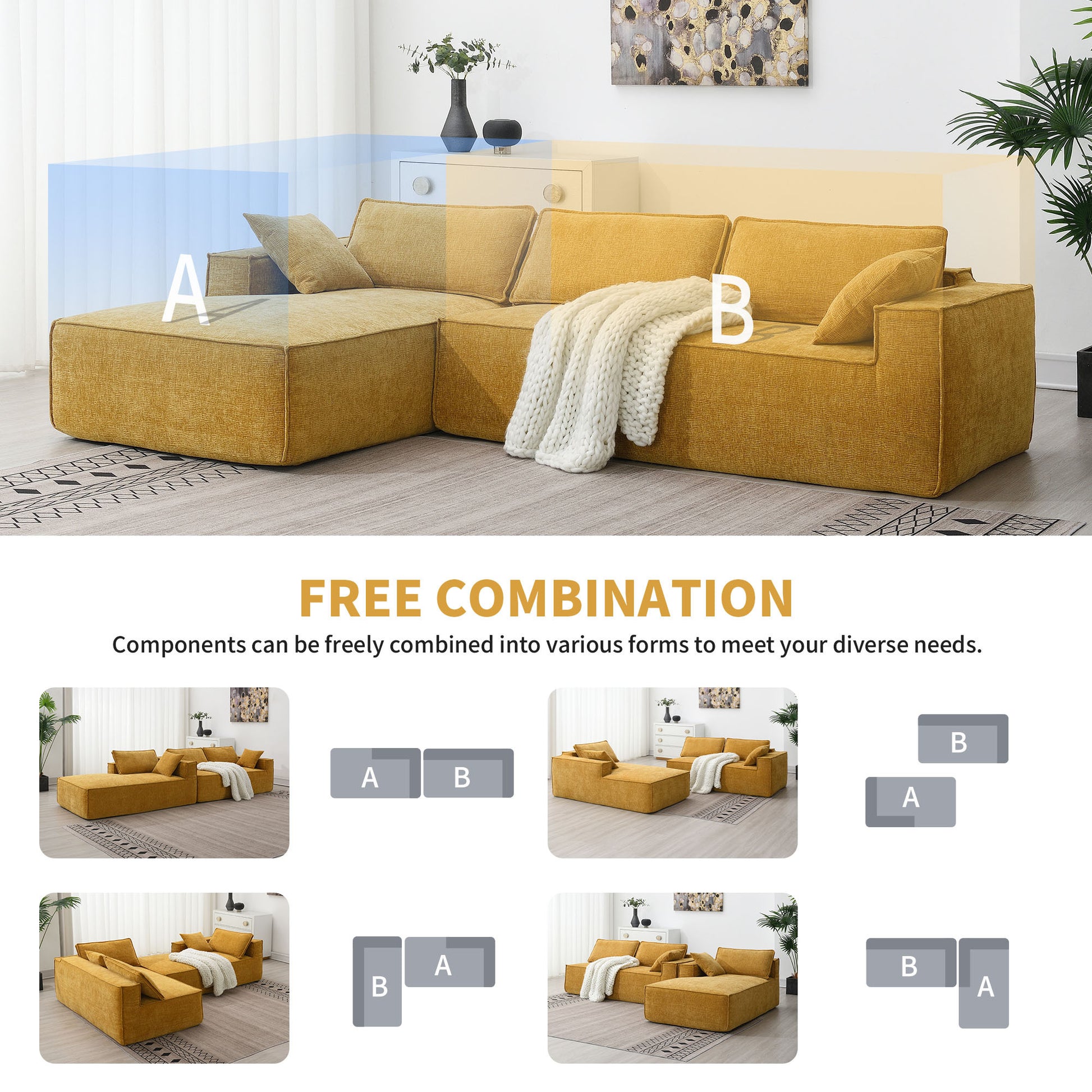 111.5*72"Minimalist Style Modular Sectional Sofa,Wrinkle Resistant Chenille Couch Set,L Shaped Sleeper Sofa Bed For Living Room,2 Pic Free Combination,No Assembly Require,3 Colors Yellow Chenille 4 Seat