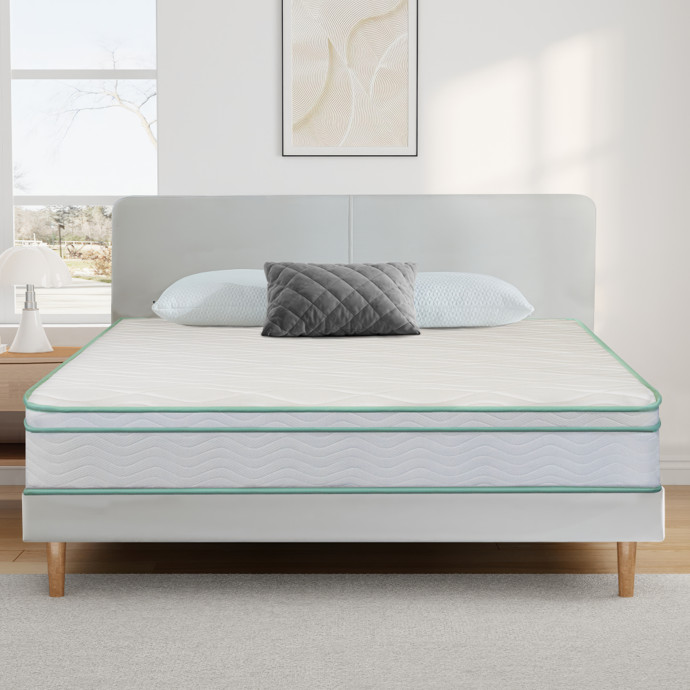 Full Size 8" Medium Cool Gel Memory Foam Innerspring Hybrid Mattress White Green Foam Spring Full