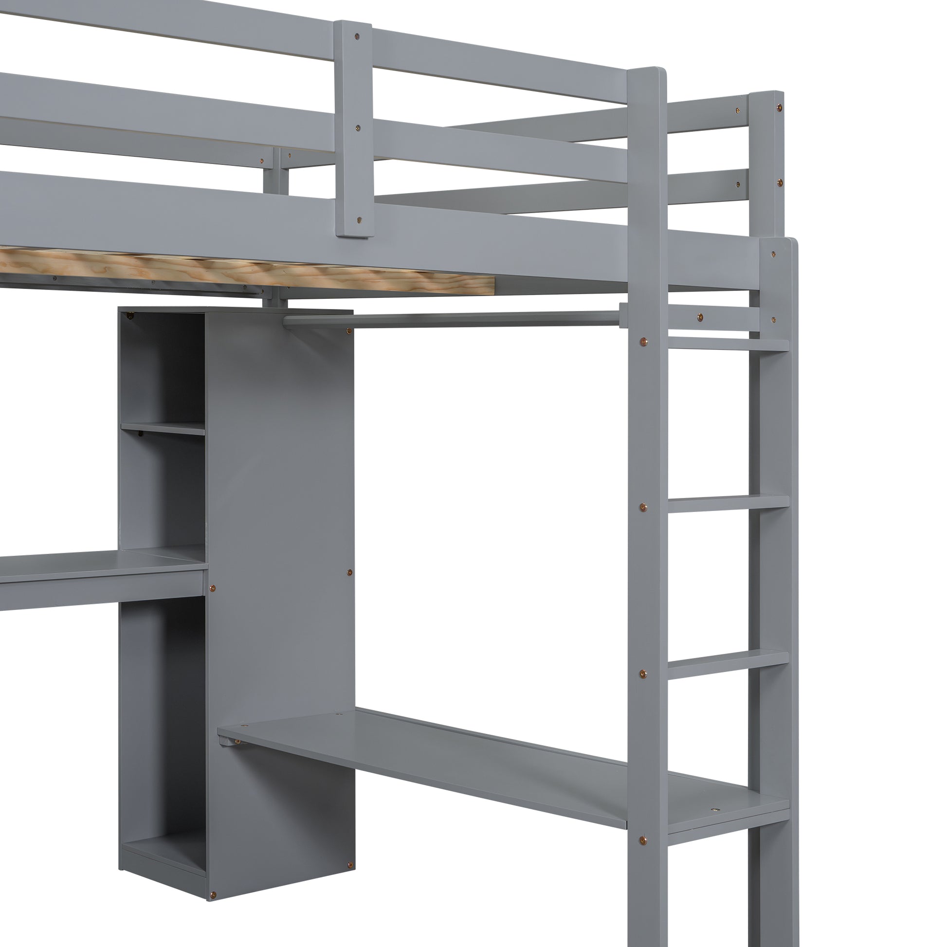 Full Size Loft Bed With L Shaped Desk, Wardrobe And Storage Shelves, Grey Box Spring Not Required Full Grey Wood Bedroom Solid Wood Mdf