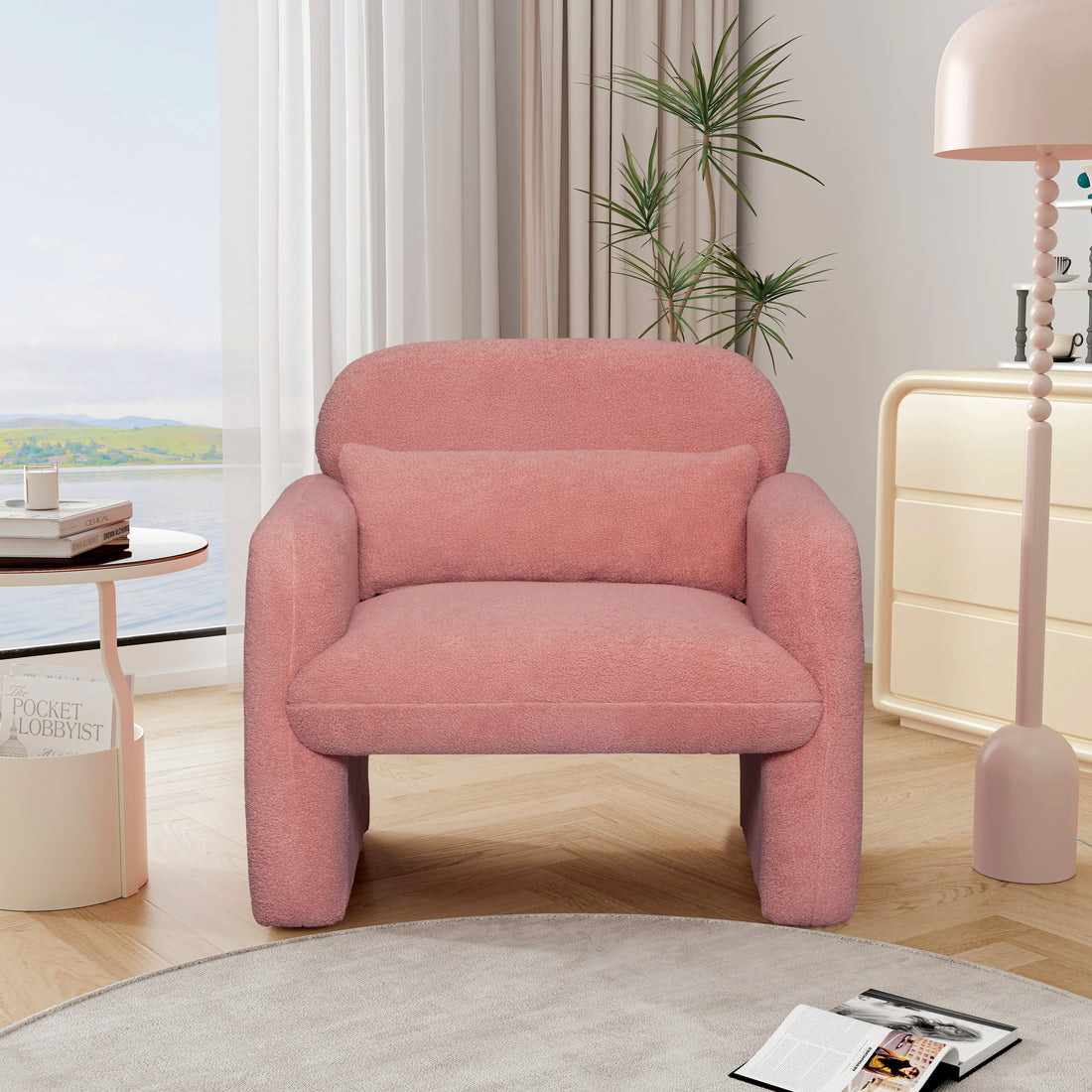 Stylish And Minimalist Teddy Fleece Single Sofa Chair With Arms And Pillow, Armchair, Accent Chair For Living Room, Bedroom, Study,Pink Pink Teddy