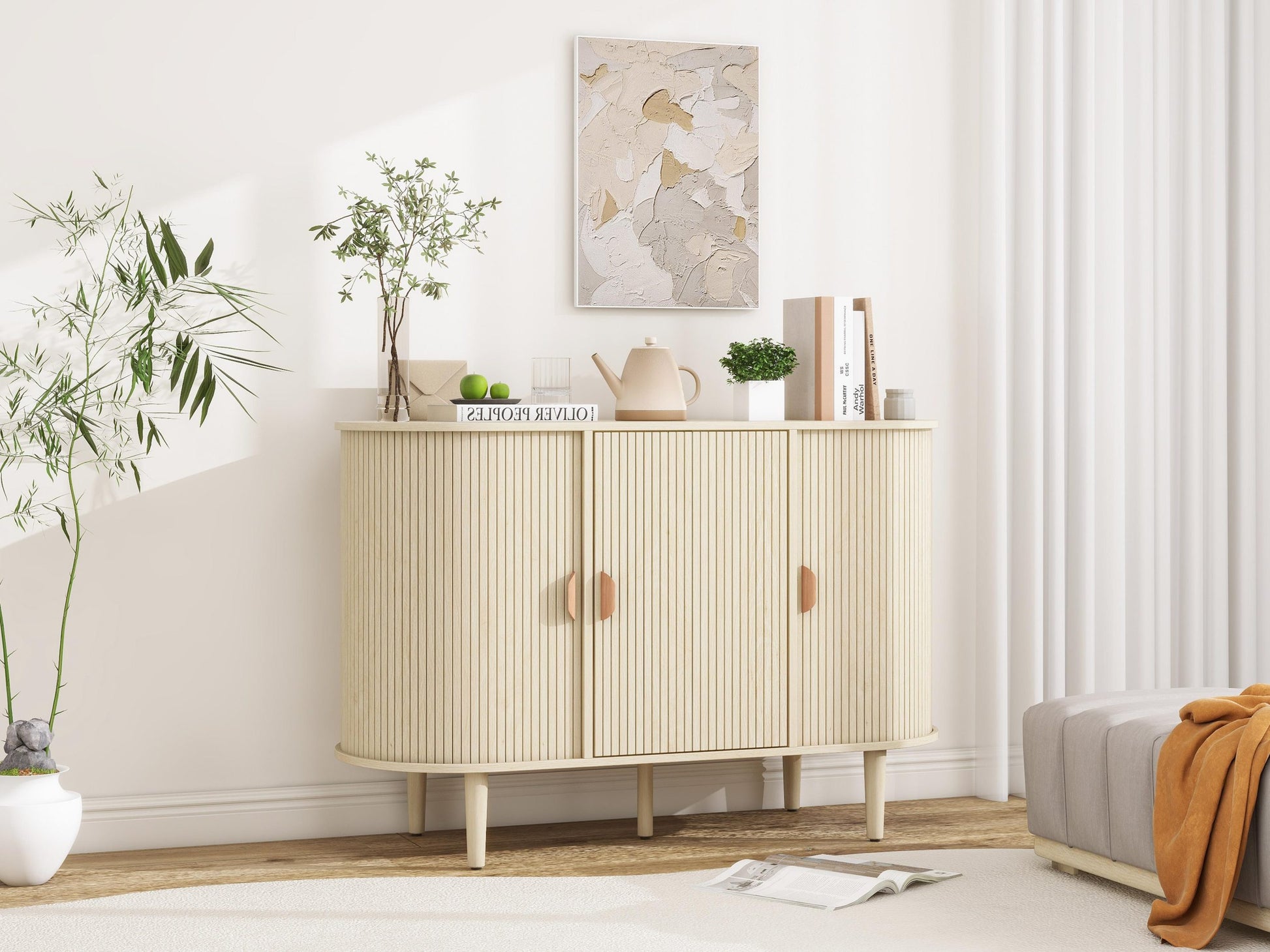 3 Door Buffet Cabinet,Large Storage Accent Cabniet With 3 Door,Sideboard Cabniet For Living Room, Entryway, Hallway, Office Kitchen And Dining Room Freestanding 3 4 Spaces Natural Sliding Doors Modern Mdf