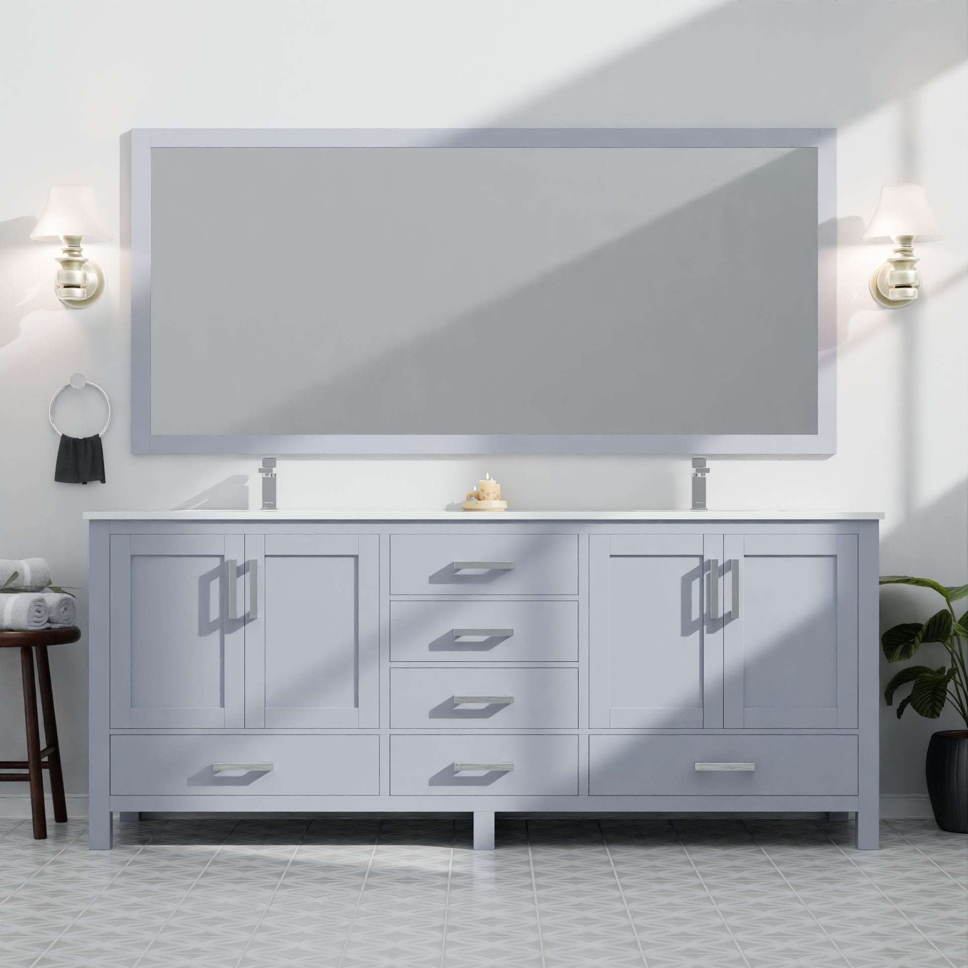 Dark Grey Double Bath Vanity 84 In. W X 22 In. D, White Quartz Top, And Faucet Set Dark Grey Plywood Wood