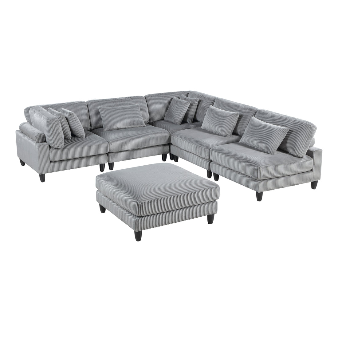 6Pc Modular Sectional Set Gray Corduroy Upholstery 3X Armless Chairs 2X Corner Seats 1X Ottoman Pillows Living Room Furniture Gray Corduroy Wood Primary Living Space Contemporary,Modern Modular