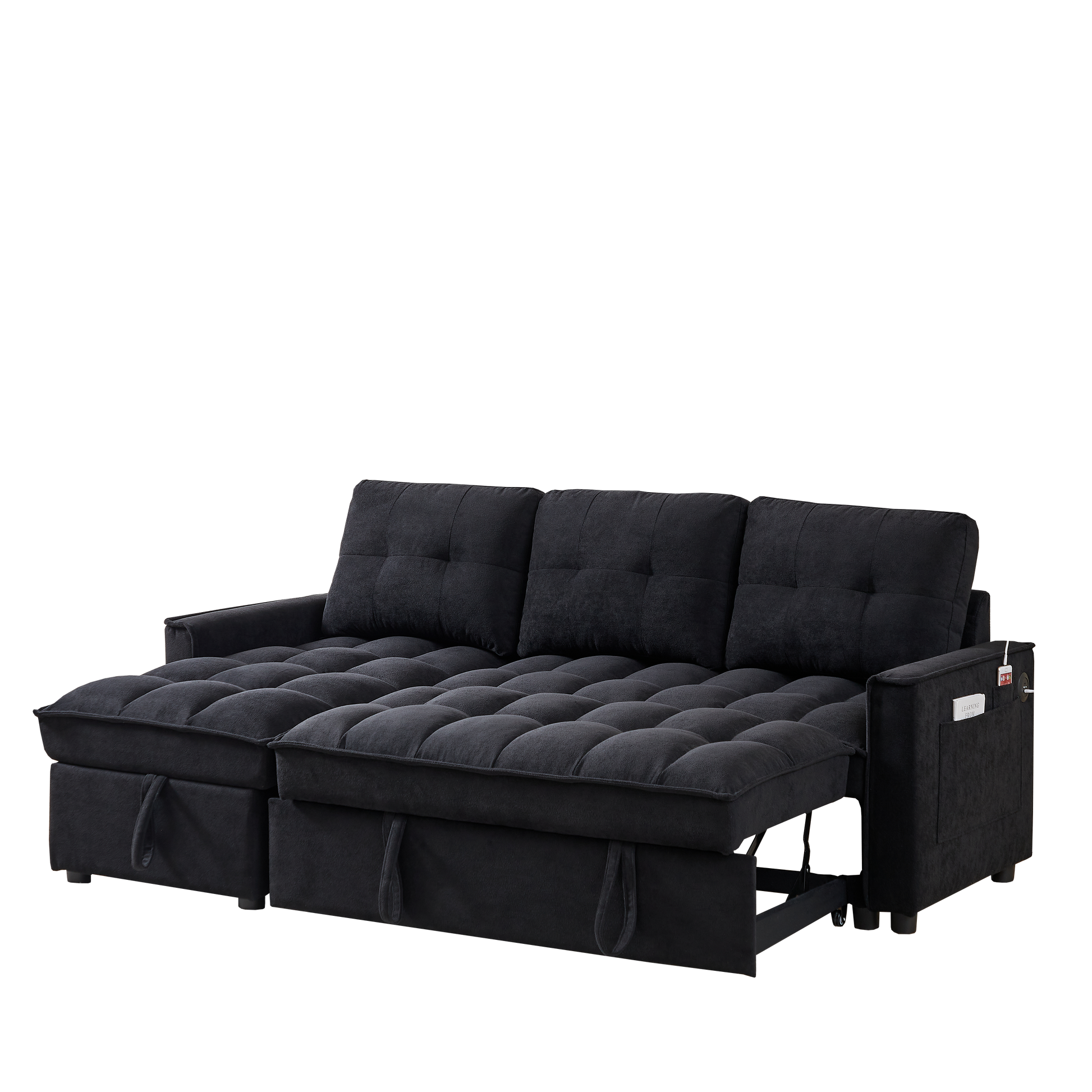 Mh 78.75" Reclining Sofa, Pull Out Sofa Bed With Usb And Tape C Charging Ports, L Shaped Sectional Sofa With Reclining Storage And Arm Side Organizer Pocket Features, Living Room Comfort Sofa Black