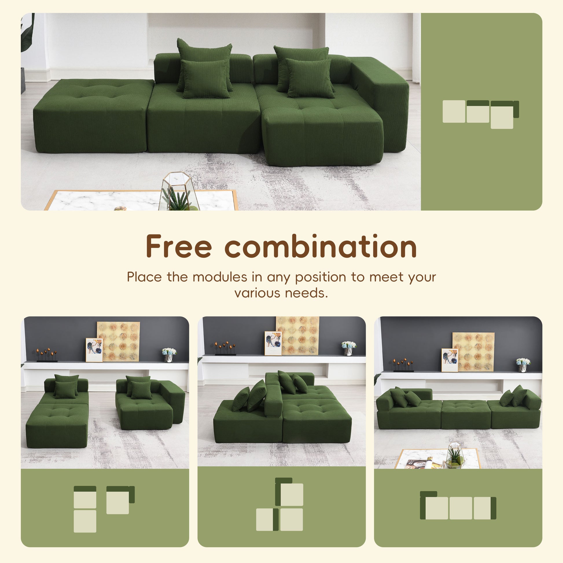 105.5'' L Shaped Modular Sectional Sofa,Minimalist Corduroy Floor Couch Set,Convertible Foam Filled Cloud Couch For Living Room,3 Pc Free Combination,No Assembly Required,3 Colors Green Corduroy 4 Seat