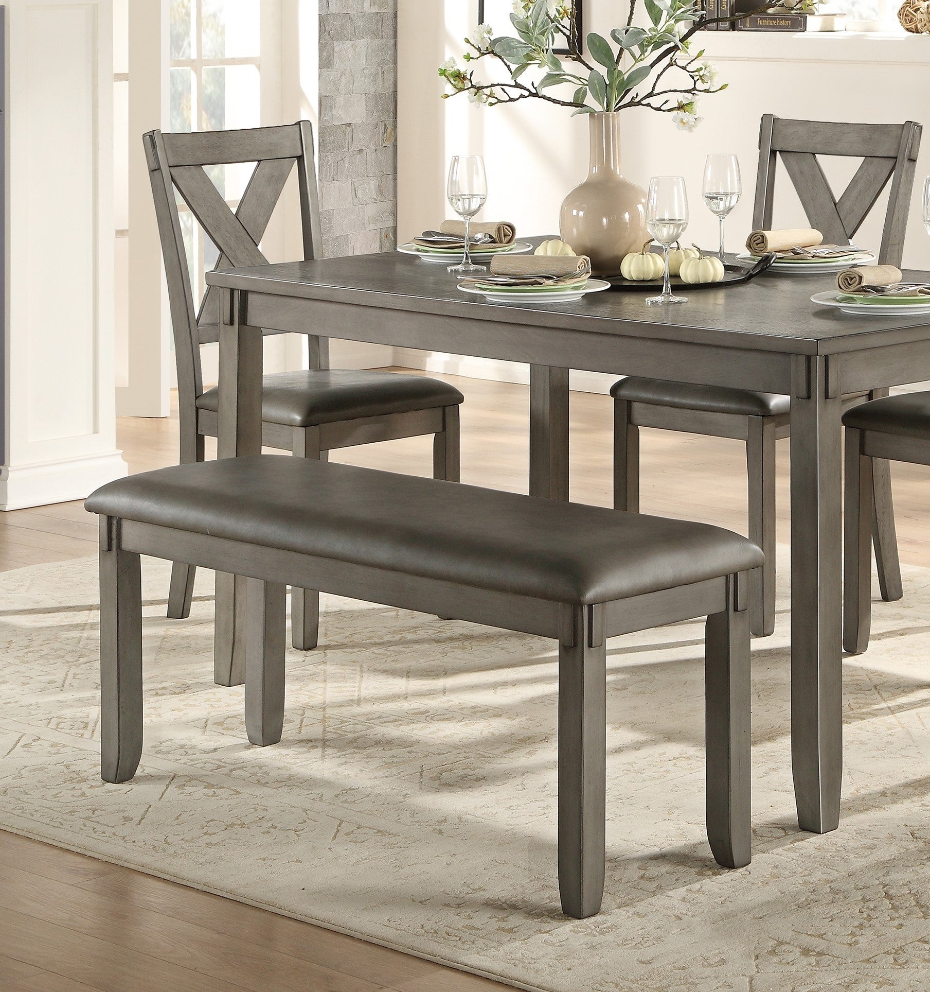 Transitional 6 Piece Dining Set Gray Finish Dining Table Bench 4X Side Chairs Upholstered Seats Wooden Dining Kitchen Furniture Wood Wood Gray Seats 6 Wood Bedroom 60 Inches Bench Seating Casual,Transitional 4 Leg Rectangular Dining Table With Chair And