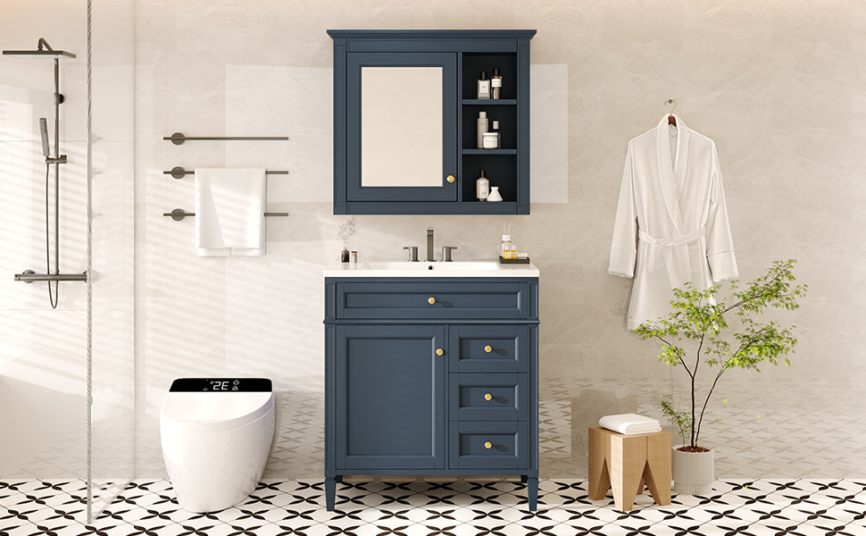 30'' Bathroom Vanity With Top Sink, Modern Bathroom Storage Cabinet With 2 Drawers And A Tip Out Drawer, Freestanding Vanity Set With Mirror Cabinet, Single Sink Bathroom Vanity 3 Blue 2 Mirror Included Bathroom Wall Mounted Modern Solid Wood Painted