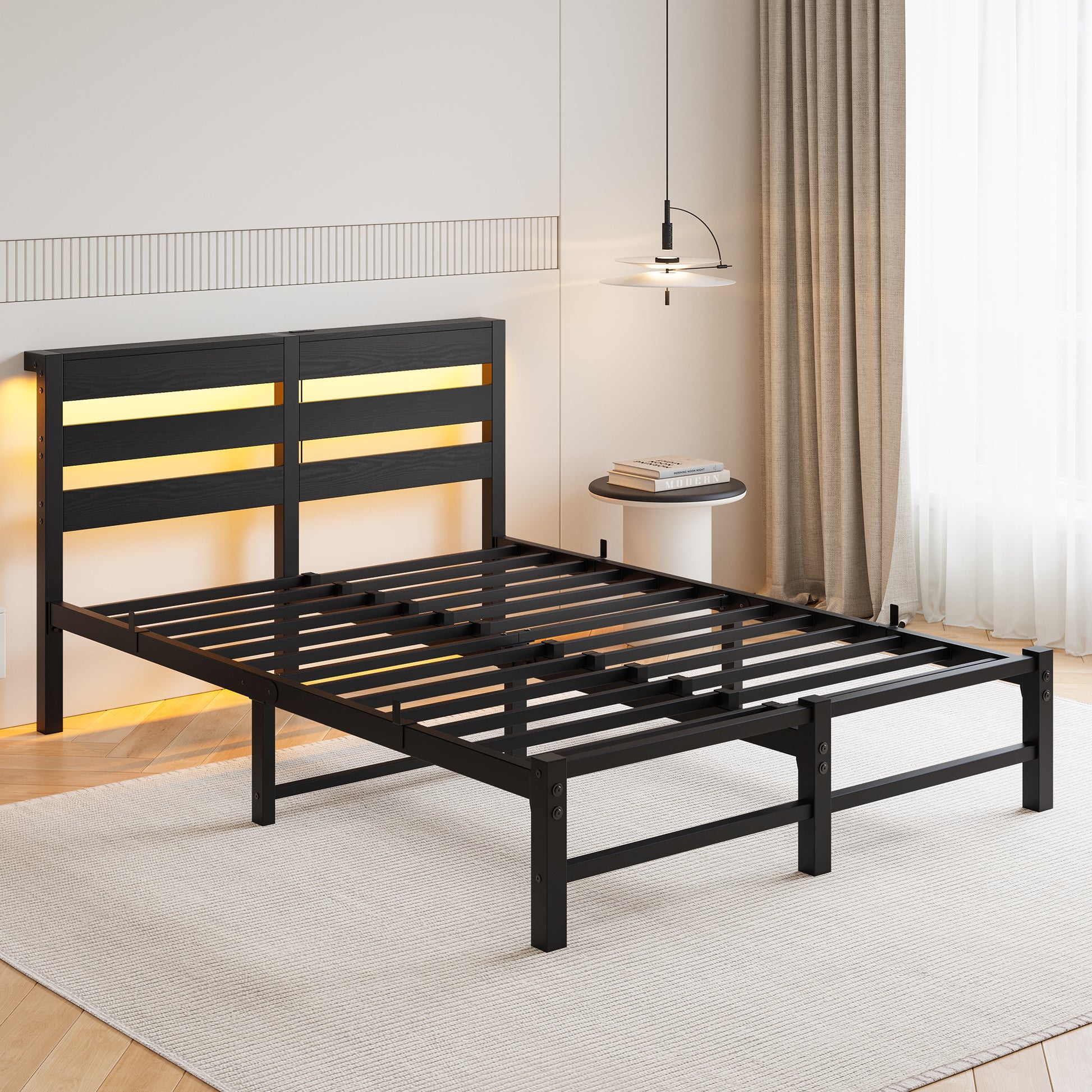 Full Size Metal Bed Frame With Wooden Headboard, Rgb Lights, Outlets & Charger, Storage Shelf, Noise Free, No Box Spring Needed Box Spring Not Required Full Black Metal Bedroom Bed Frame Metal & Wood