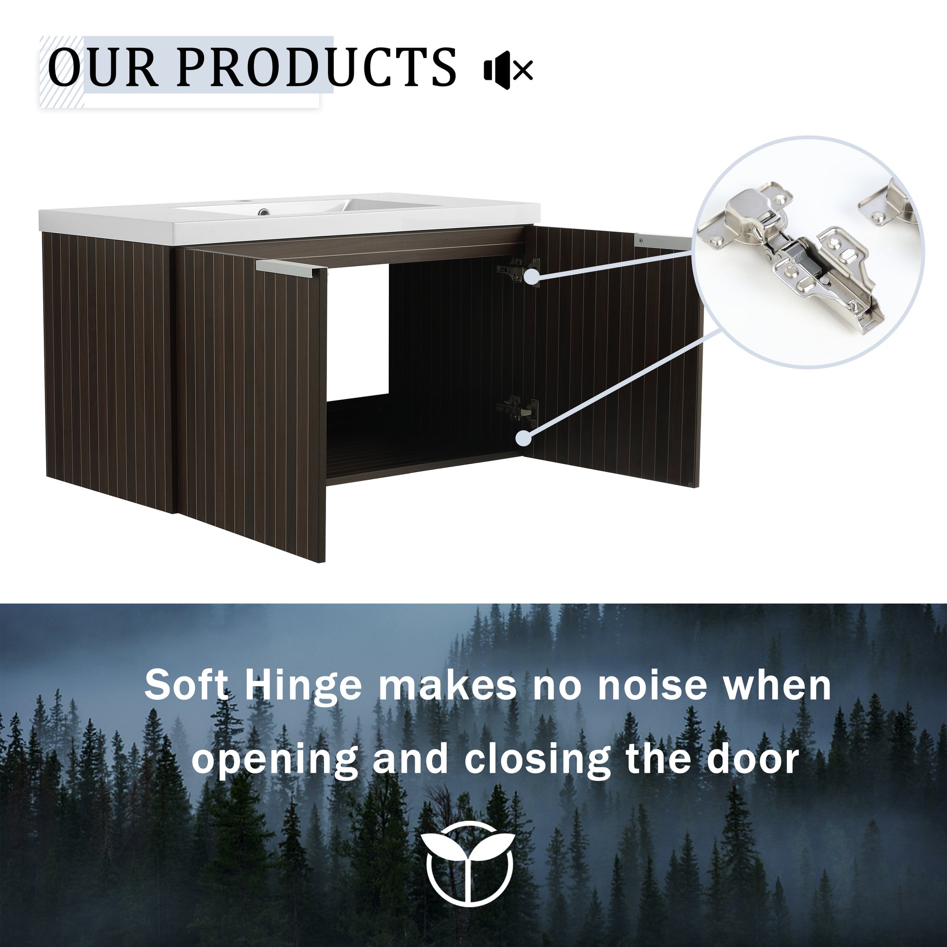 36 Inch Bathroom Cabinet With Resin Sink,Soft Close Doors,Float Mounting Design Silver Brown Stripe Bathroom Modern Plywood Plywood