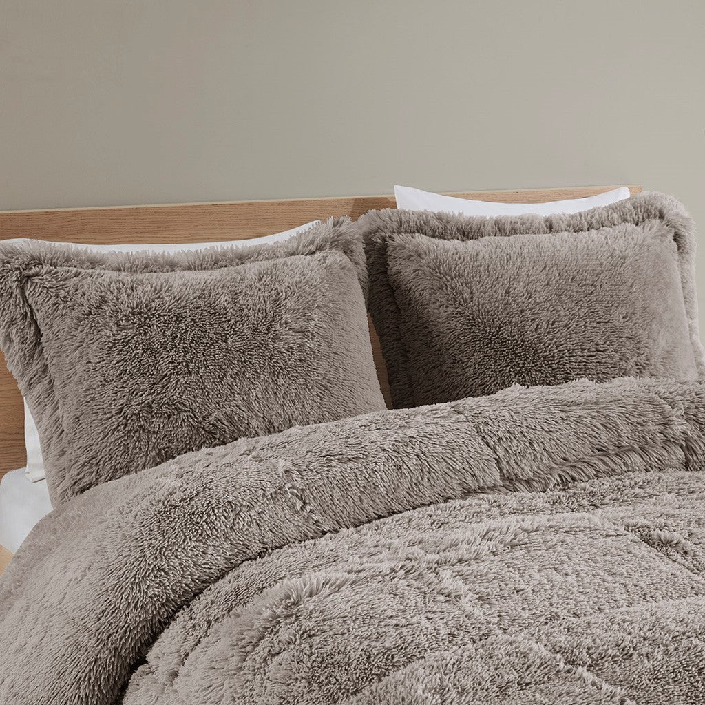 Shaggy Long Fur Comforter Mini Set King Grey Polyester