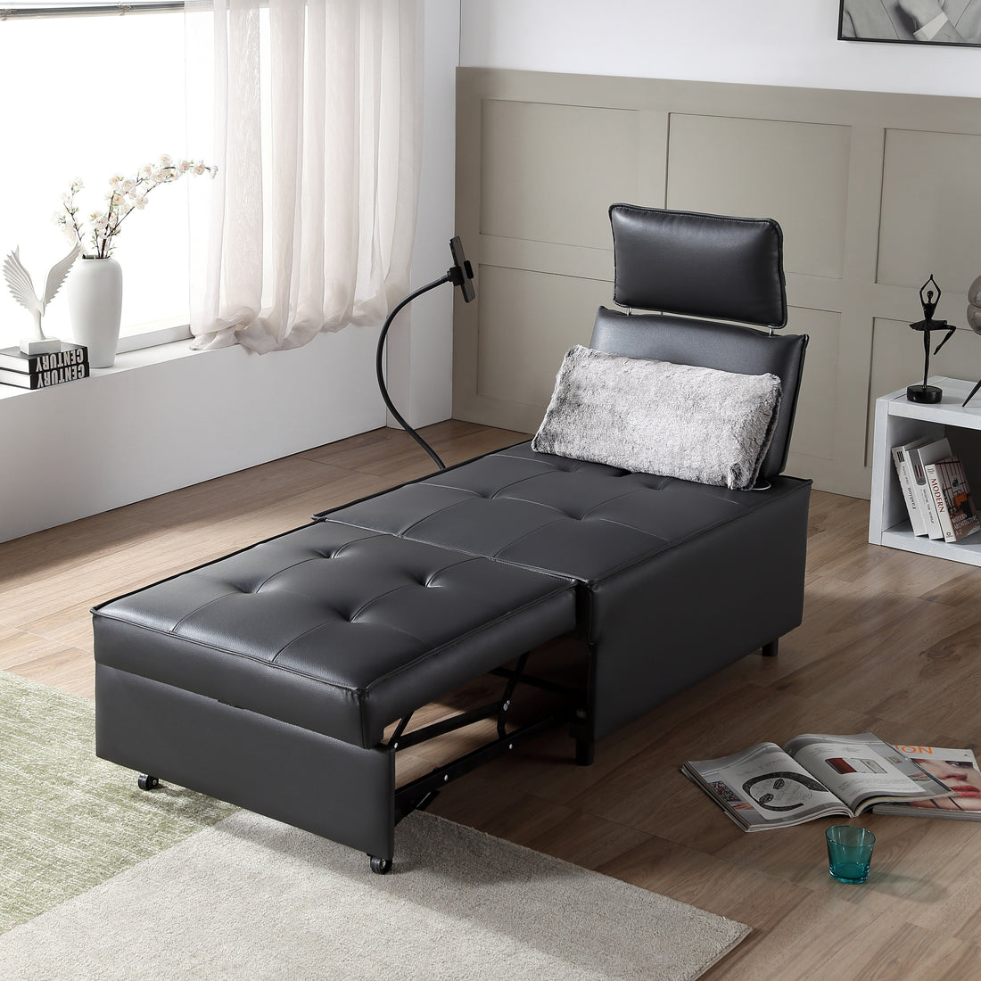 3 In 1 Sofa Bed,Speaker Chair, Reclining Sleeper Sofa Bed,Futon With Bluetooth Speaker 2 Usb Port, Phone Holder Accent Chair, Functional Backcushion And Headrest, Full Leather,Faux Fur Pillow. Black Faux Leather Manual Push Back Metal Primary Living