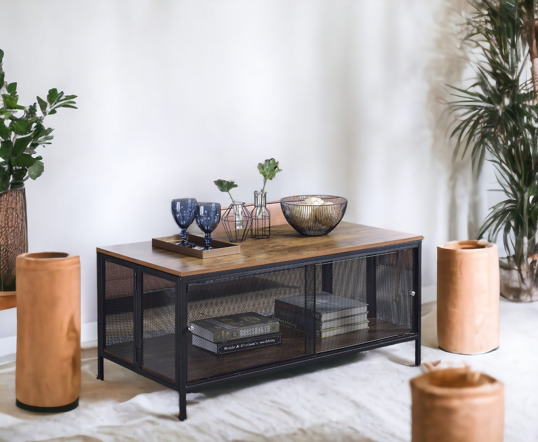 Winam Antique Oak & Black Finish Coffee Table Black,Oak Metal,Synthetic Wood