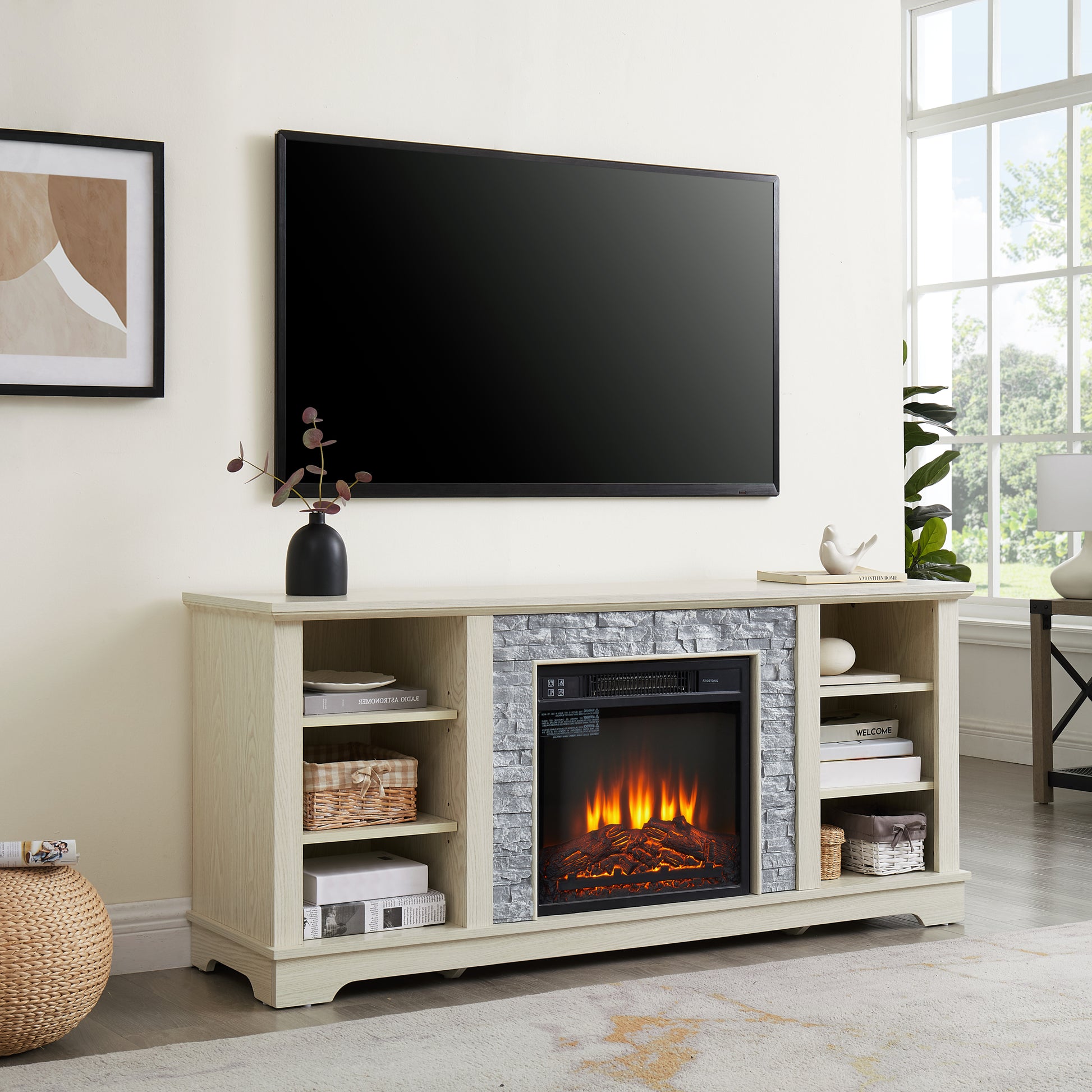 Mantel Electric Fireplace Stone Tv Media Stand, Open Storage Modern Entertainment Console Space With 18" Fireplace Insert, White, 58.31"W*15.39"D*26.06"H White 60 69 Inches Mdf